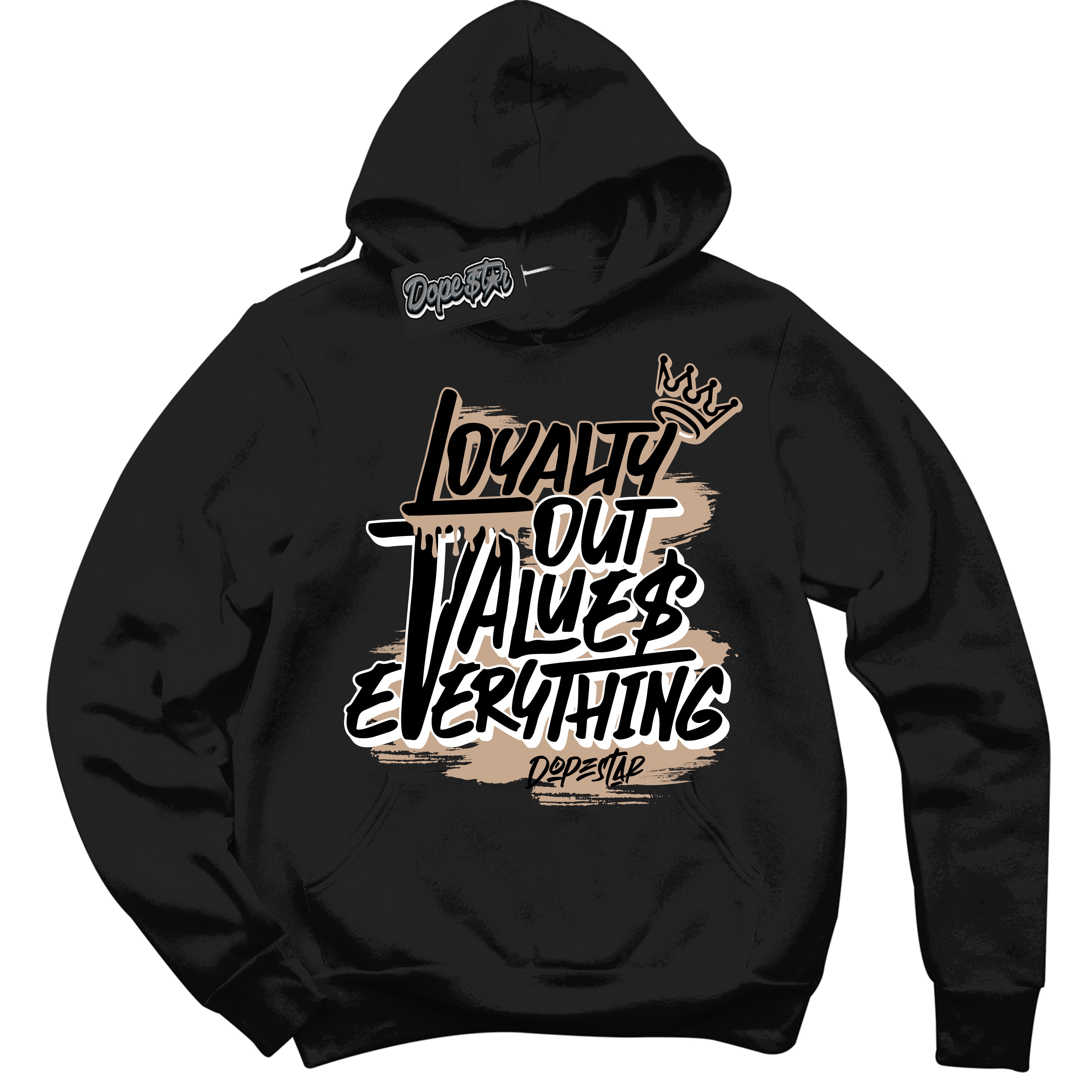 Cool Black Hoodie with “ Loyalty Out Values Everything ”  design that Perfectly Matches  Desert 1s Sneakers.