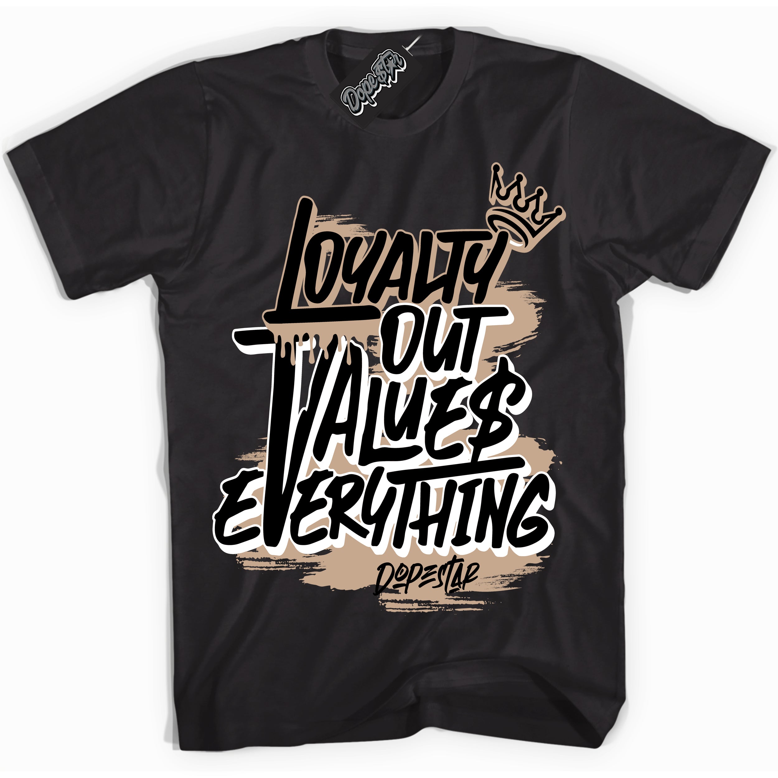 Cool Black Shirt with “ Loyalty Out Values Everything” design that perfectly matches Desert 1s Sneakers.