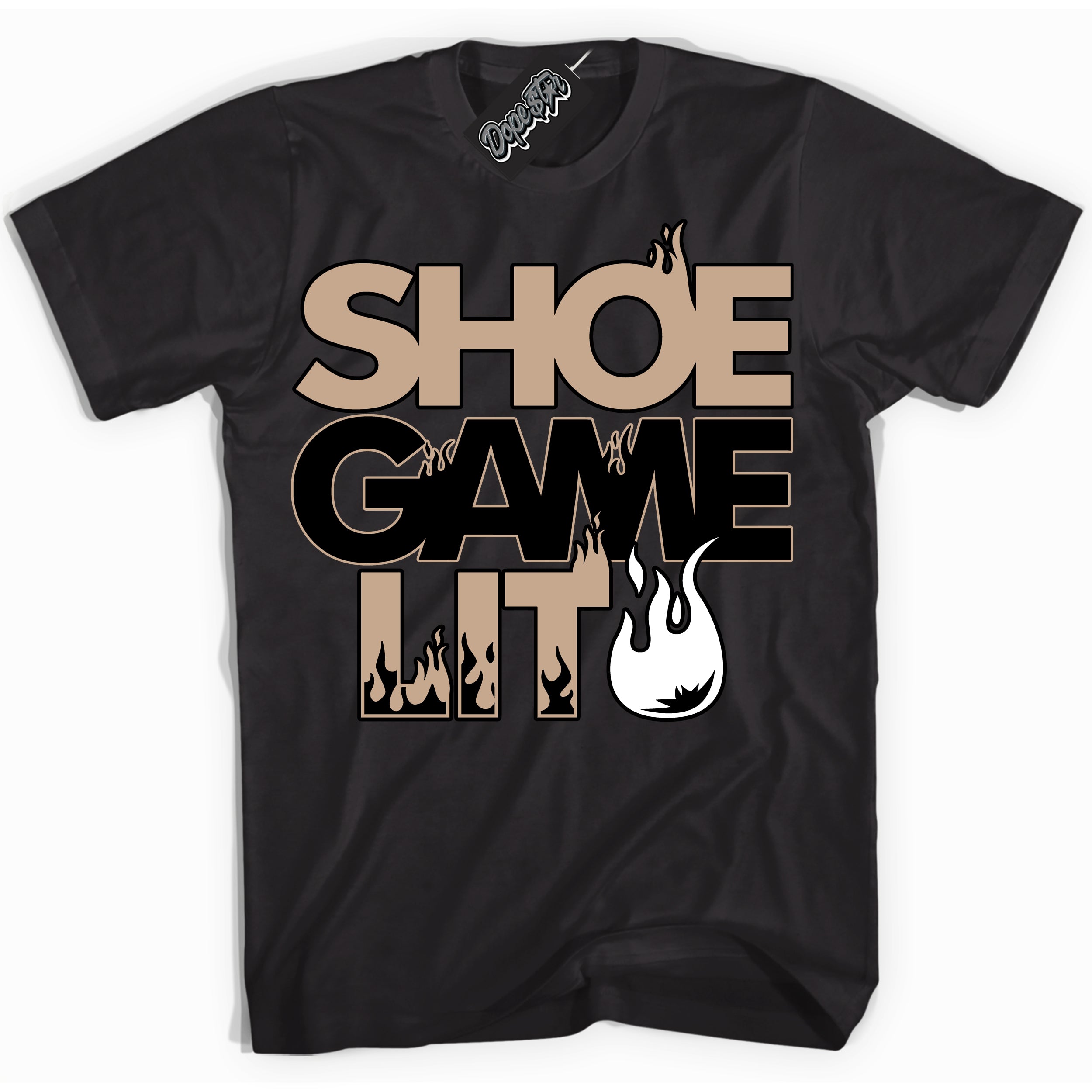 Cool Black Shirt with “ Shoe Game Lit ” design that perfectly matches Desert 1s Sneakers.