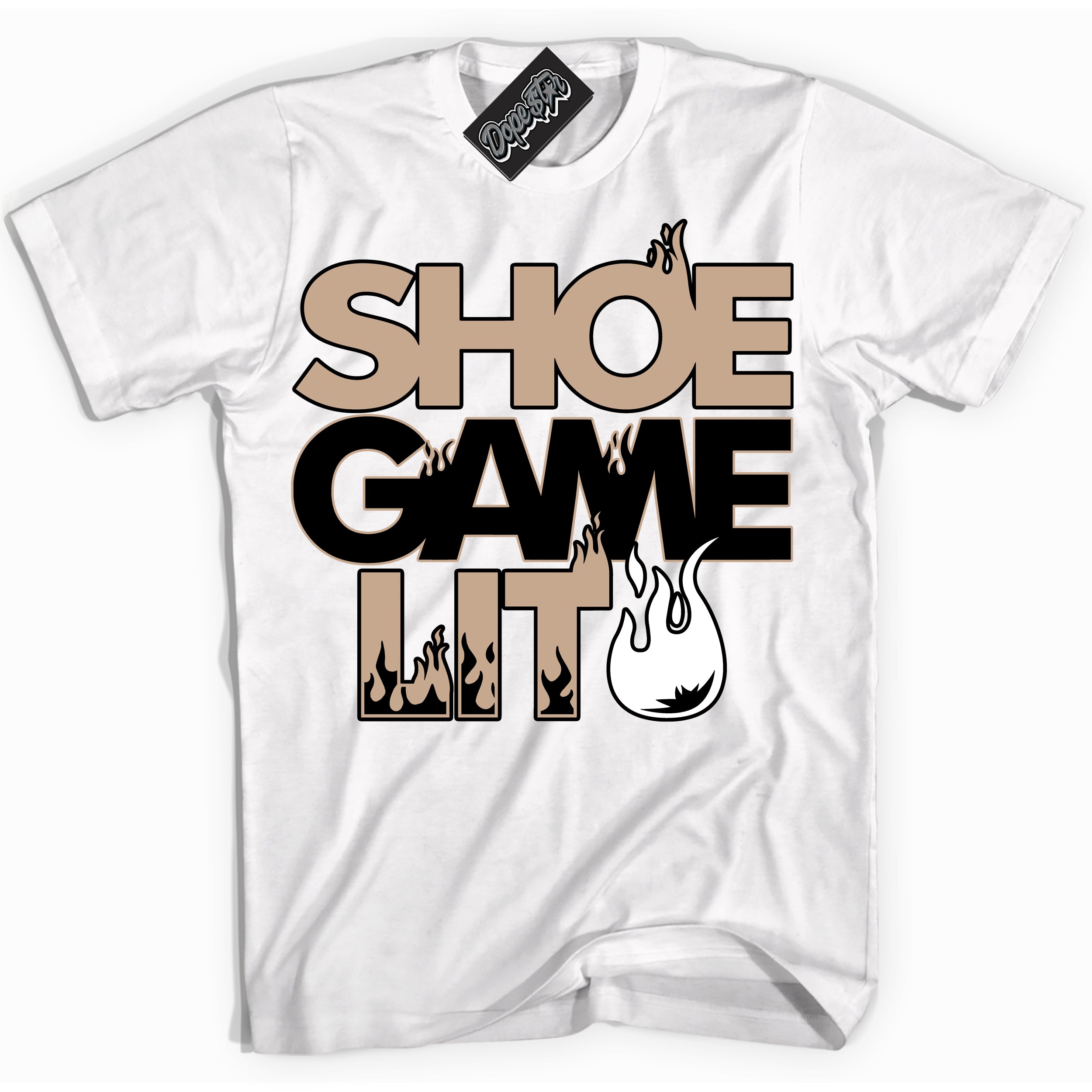 Cool White Shirt with “ Shoe Game Lit ” design that perfectly matches Desert 1s Sneakers.