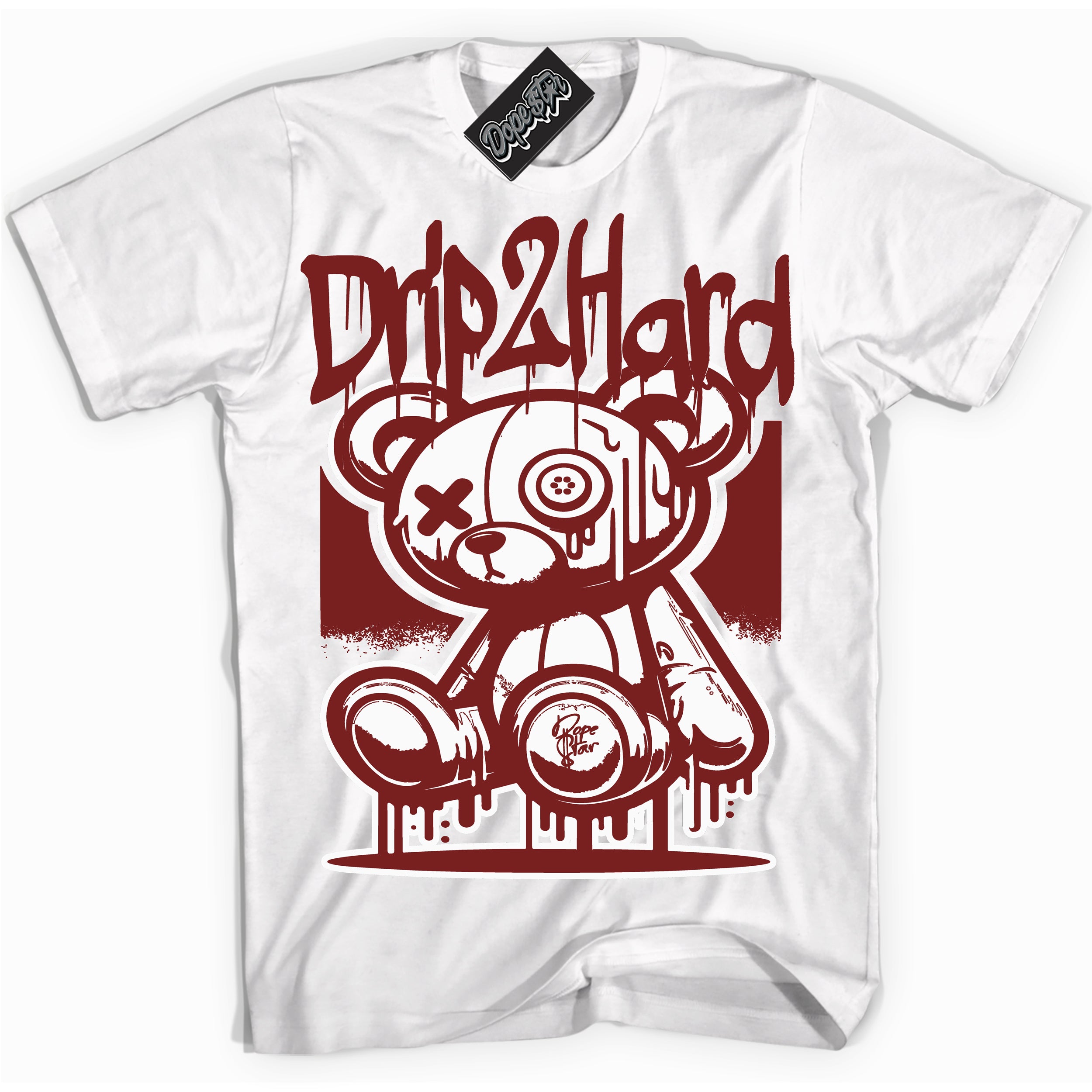 Cool White graphic tee with “ Drip 2 Hard ” design, that perfectly matches Dune Red 1s sneakers 