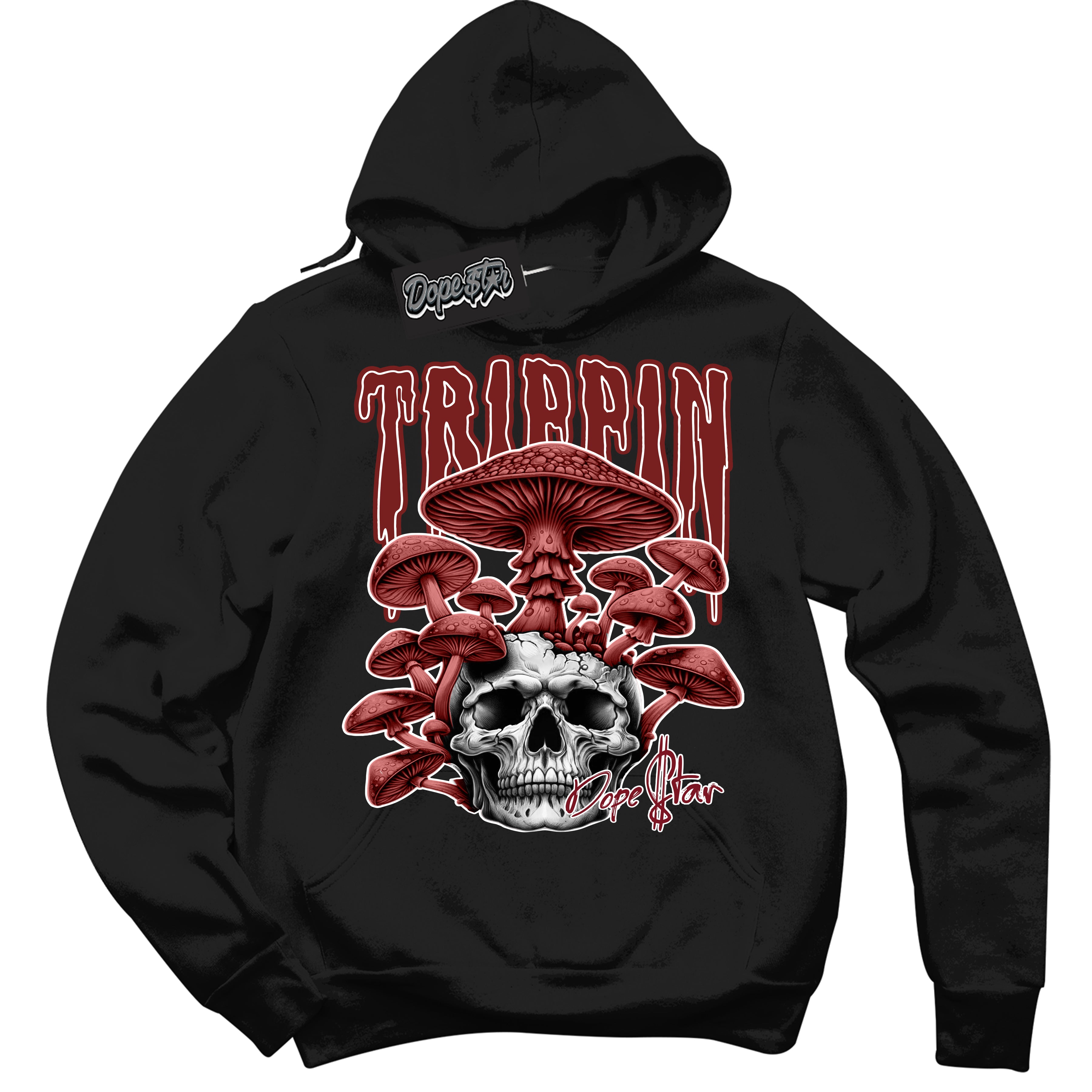 Cool Black Hoodie with “Trippin” design that Perfectly Matches Dune Red 1s Sneakers.