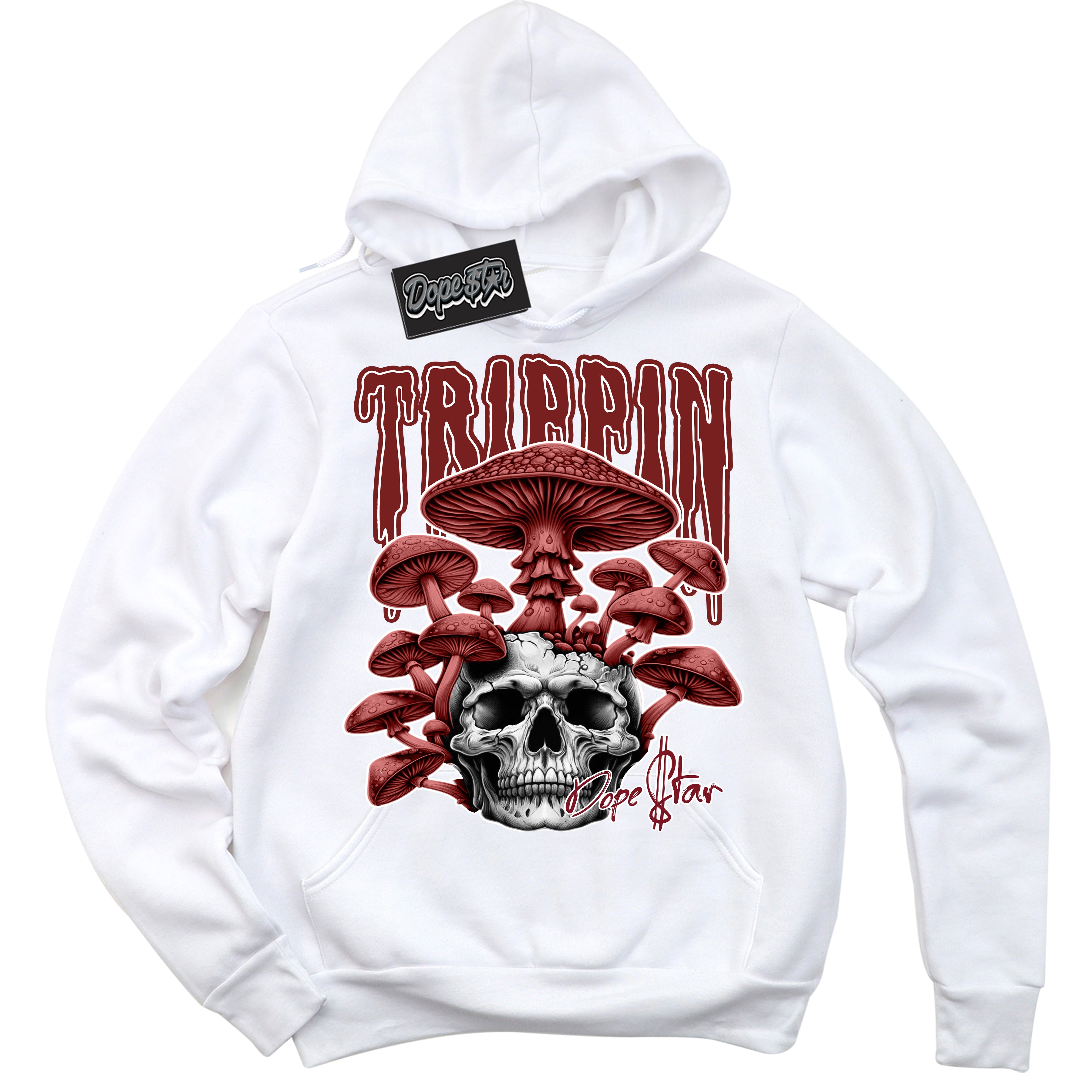 Cool White Hoodie with “Trippin” design that Perfectly Matches Dune Red 1s Sneakers.