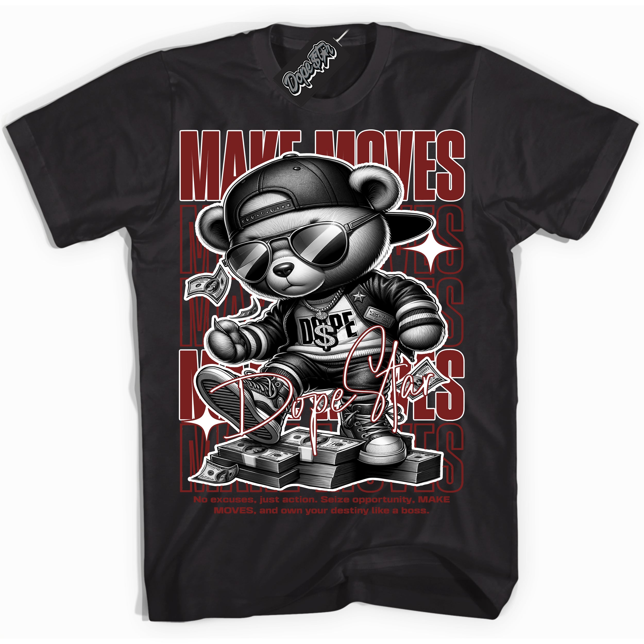 Cool Black Shirt with “ Makin Moves” design that perfectly matches Dune Red 1s Sneakers.