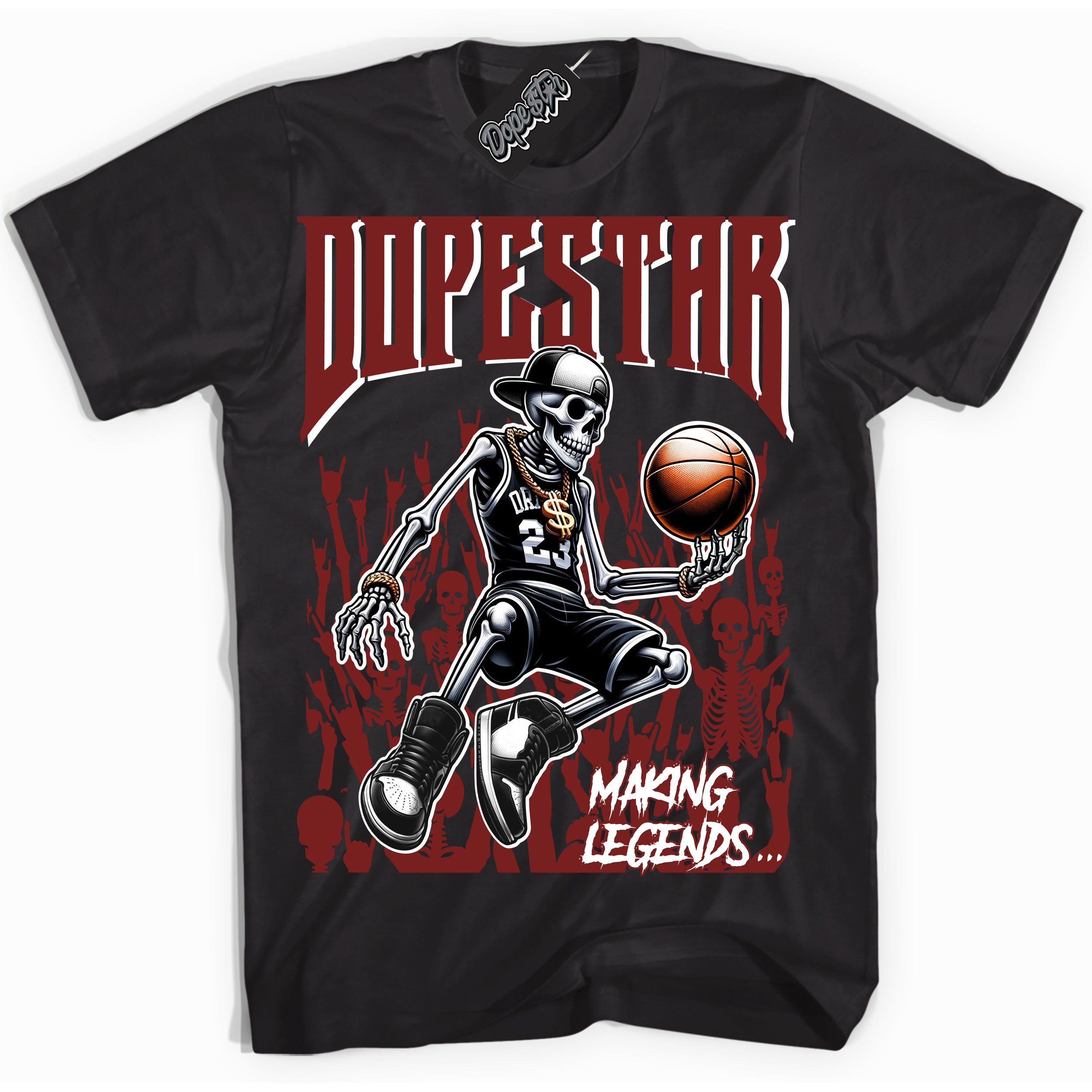 Cool Black Shirt with “ Making Legends ” design that perfectly matches Dune Red 1s Sneakers.