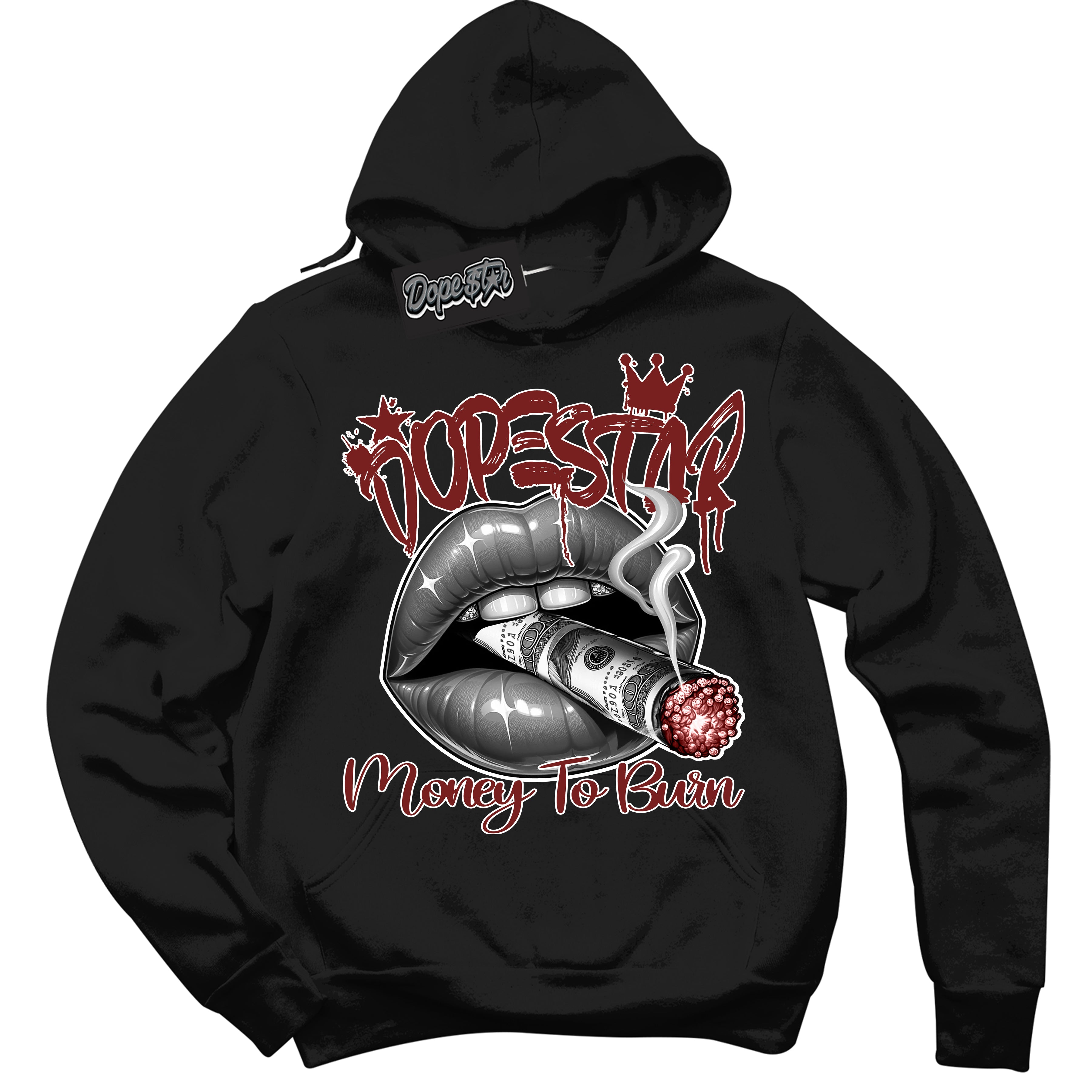 Cool Black Hoodie with “ Money To Burn ”  design that Perfectly Matches Dune Red 1s Sneakers.