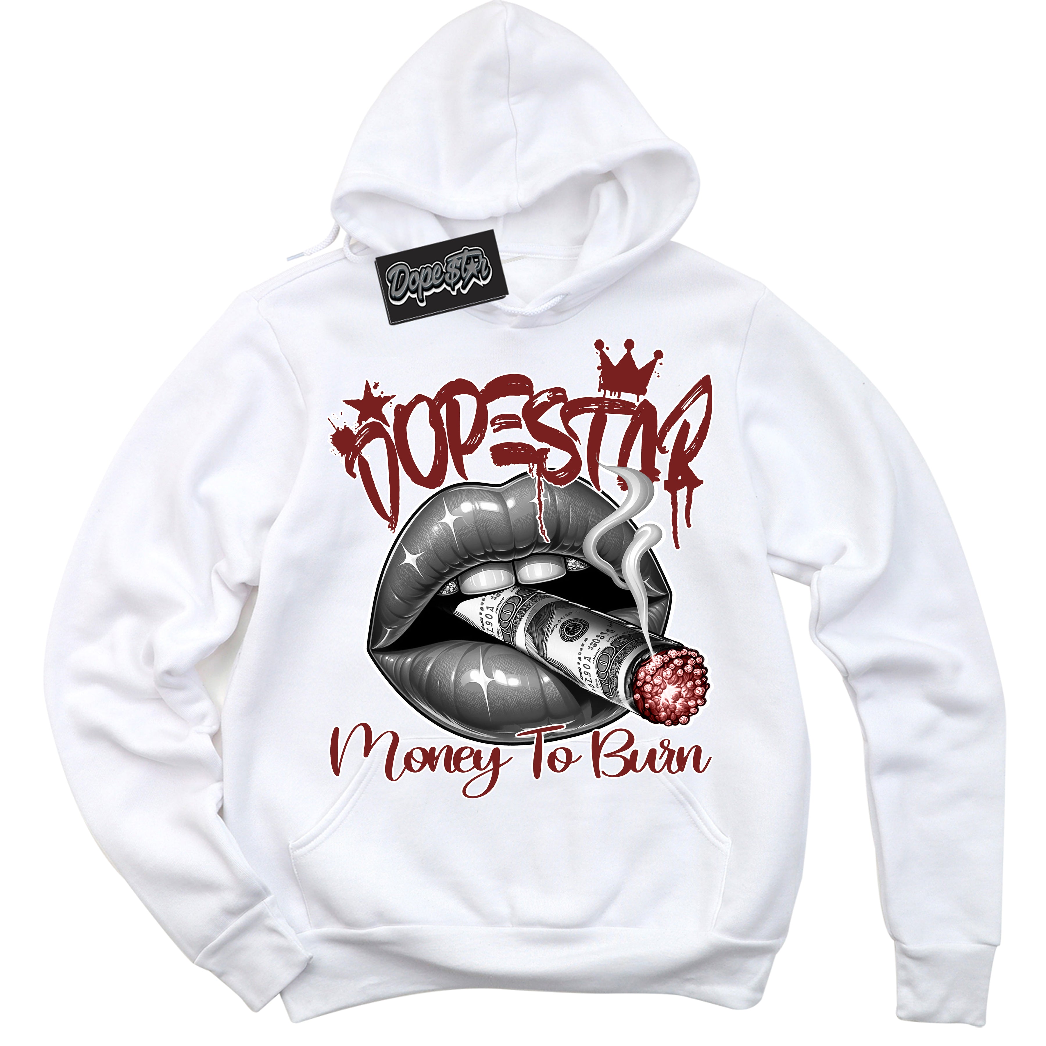 Cool White Hoodie with “ Money To Burn ”  design that Perfectly Matches Dune Red 1s Sneakers.