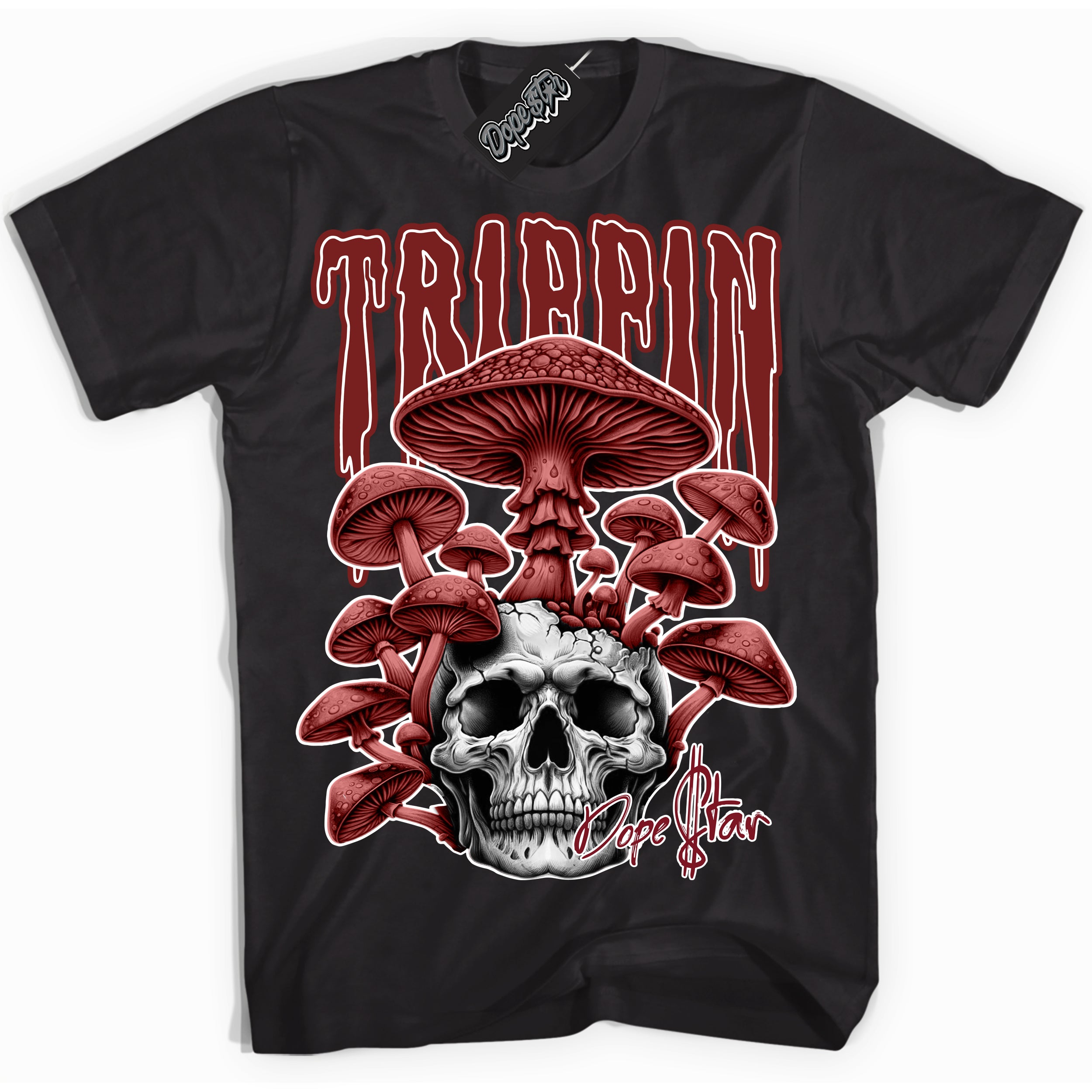 Cool Black Shirt with “Trippin” design that perfectly matches the Dune Red 1s Sneakers.