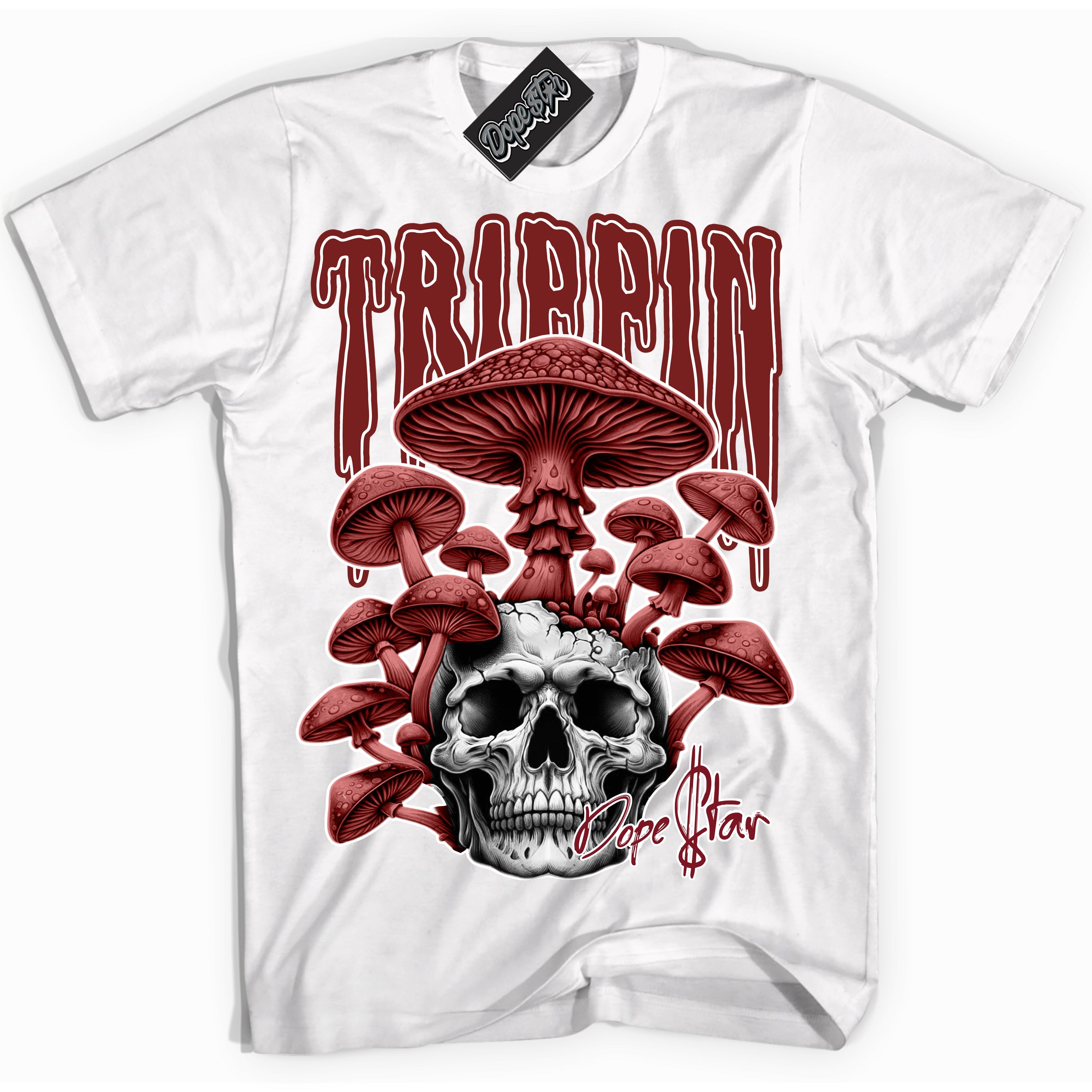 Cool White Shirt with “Trippin” design that perfectly matches the Dune Red 1s Sneakers.