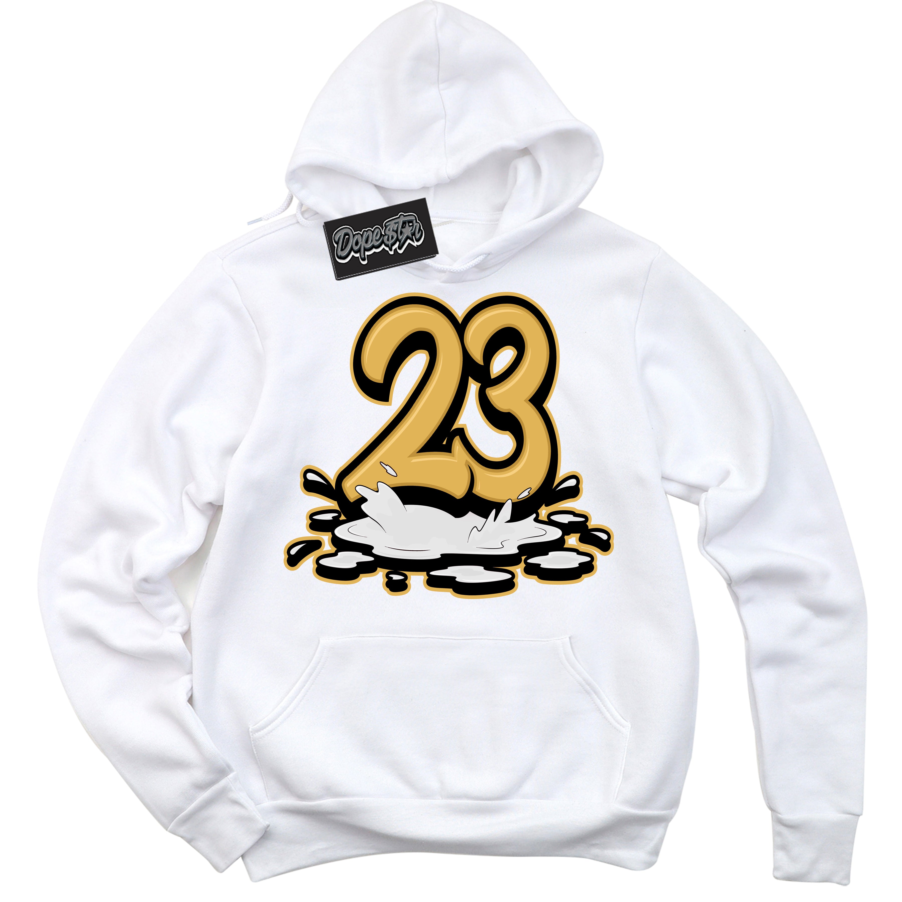 Cool White Hoodie with “ 23 Melting ”  design that Perfectly Matches Gold Swoosh 1s Sneakers.
