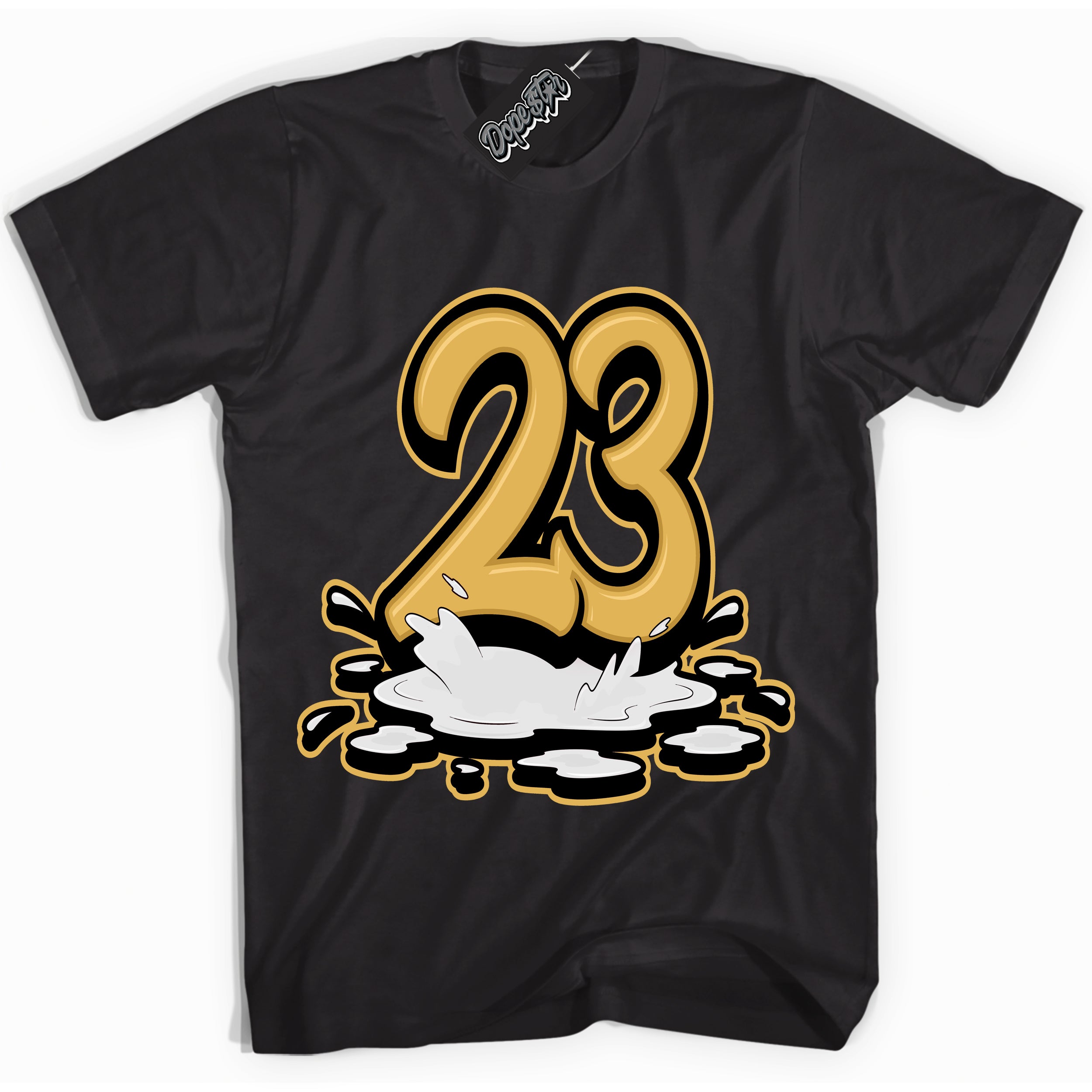 Cool Black Shirt with “ 23 Melting ” design that perfectly matches Gold Swoosh 1s Sneakers.
