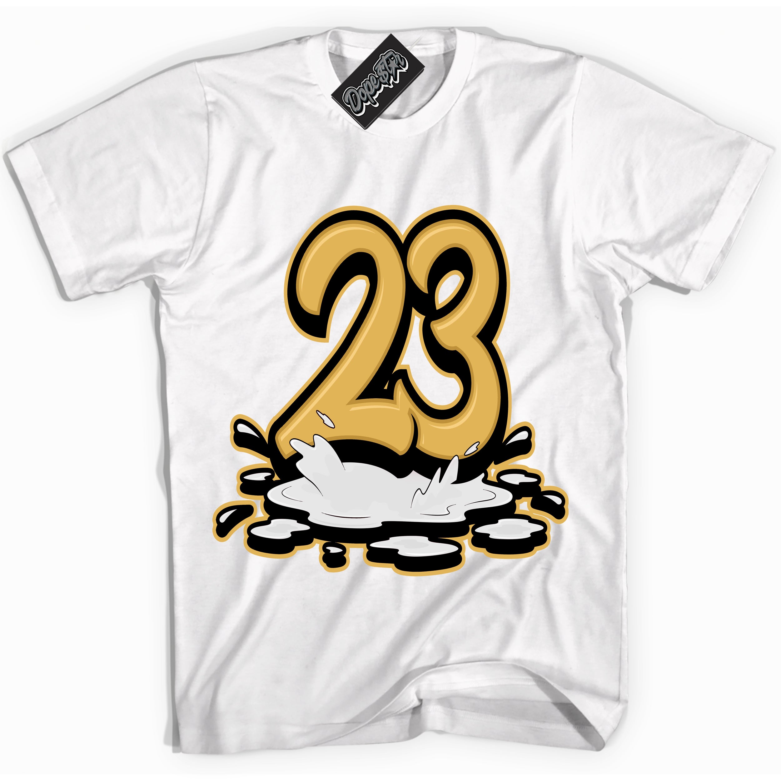 Cool White Shirt with “ 23 Melting ” design that perfectly matches Gold Swoosh 1s Sneakers.
