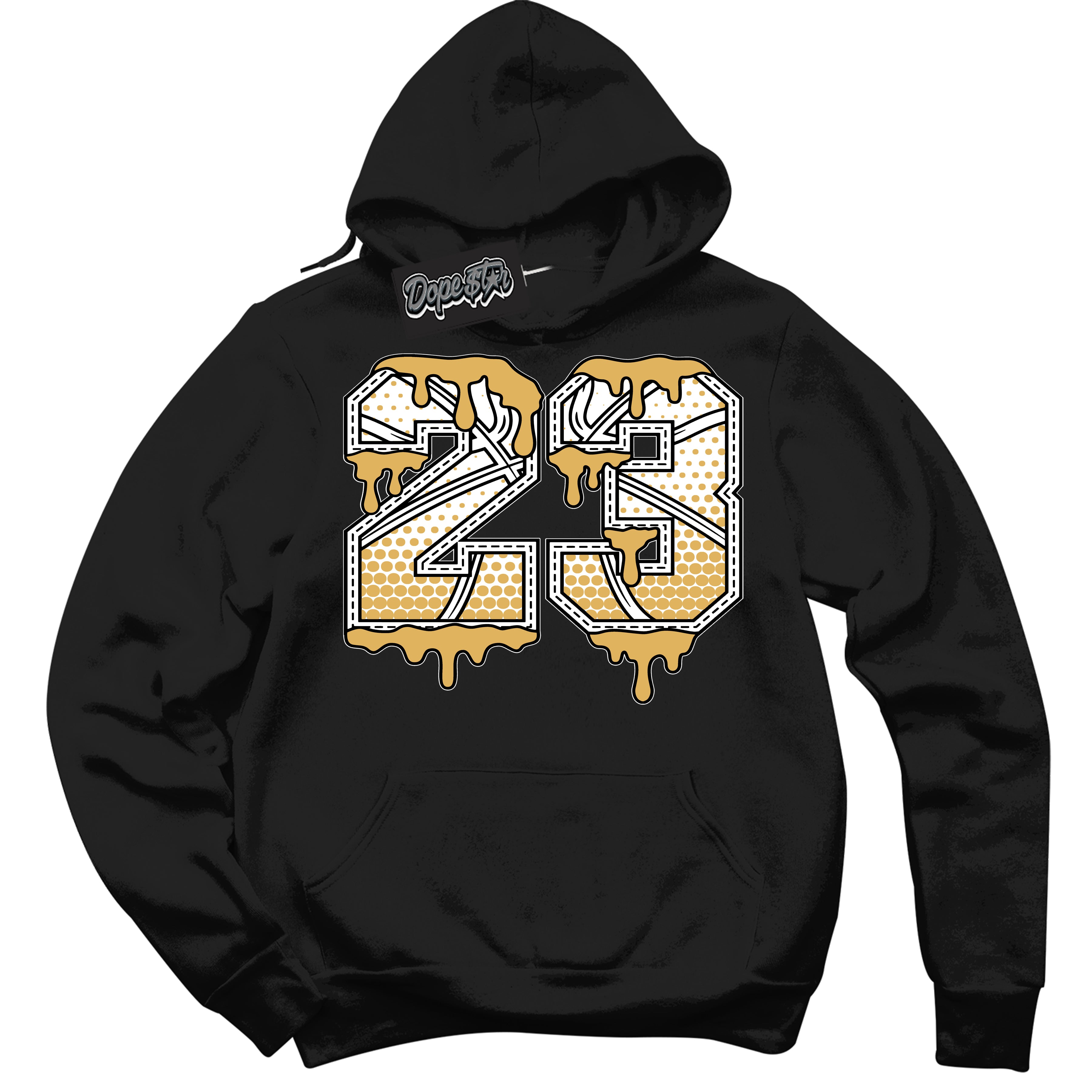 Cool Black Hoodie with “ 23 Ball ”  design that Perfectly Matches Gold Swoosh 1s Sneakers.
