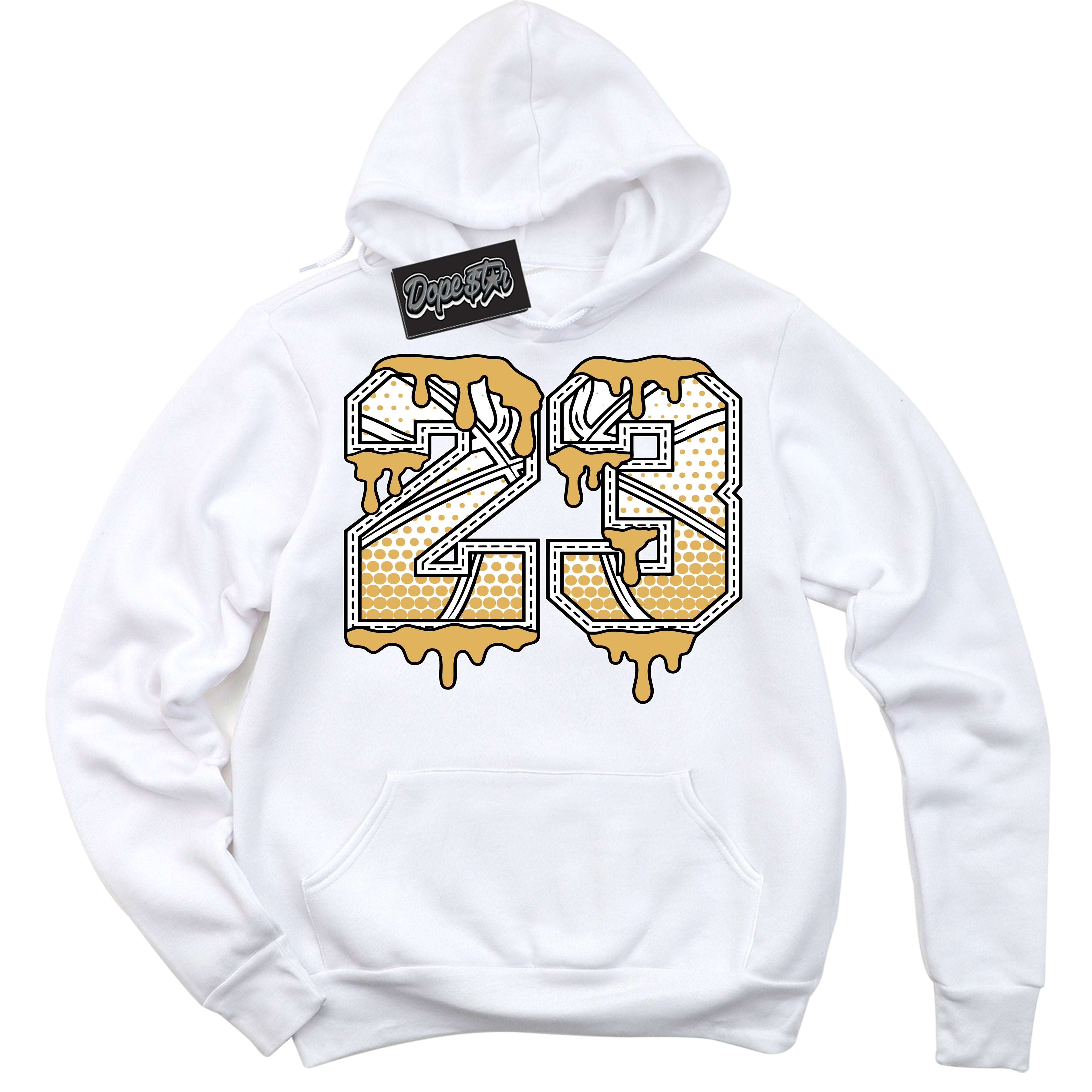 Cool White Hoodie with “ 23 Ball ”  design that Perfectly Matches Gold Swoosh 1s Sneakers.
