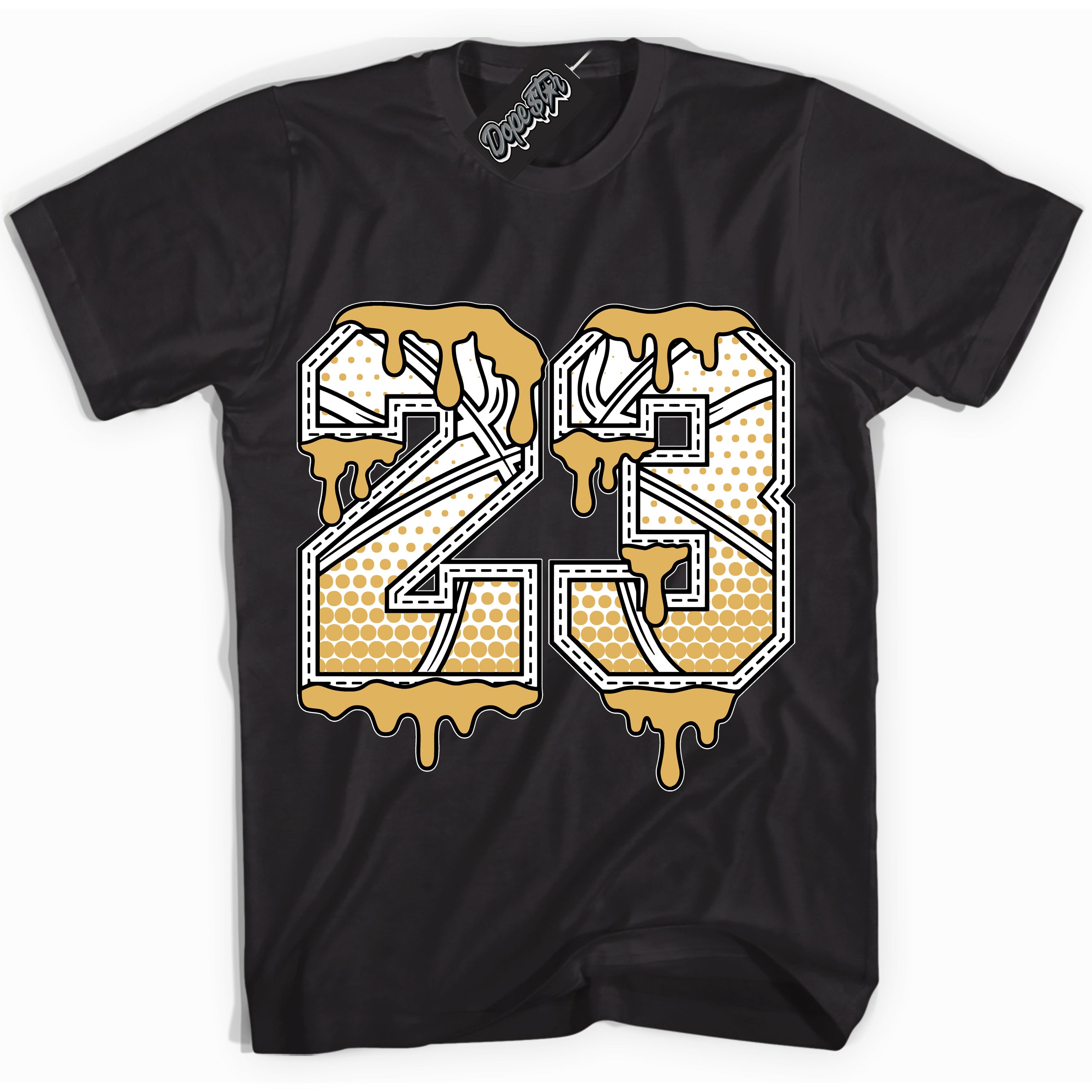 Cool Black Shirt with “ 23 Ball ” design that perfectly matches Gold Swoosh 1s Sneakers.
