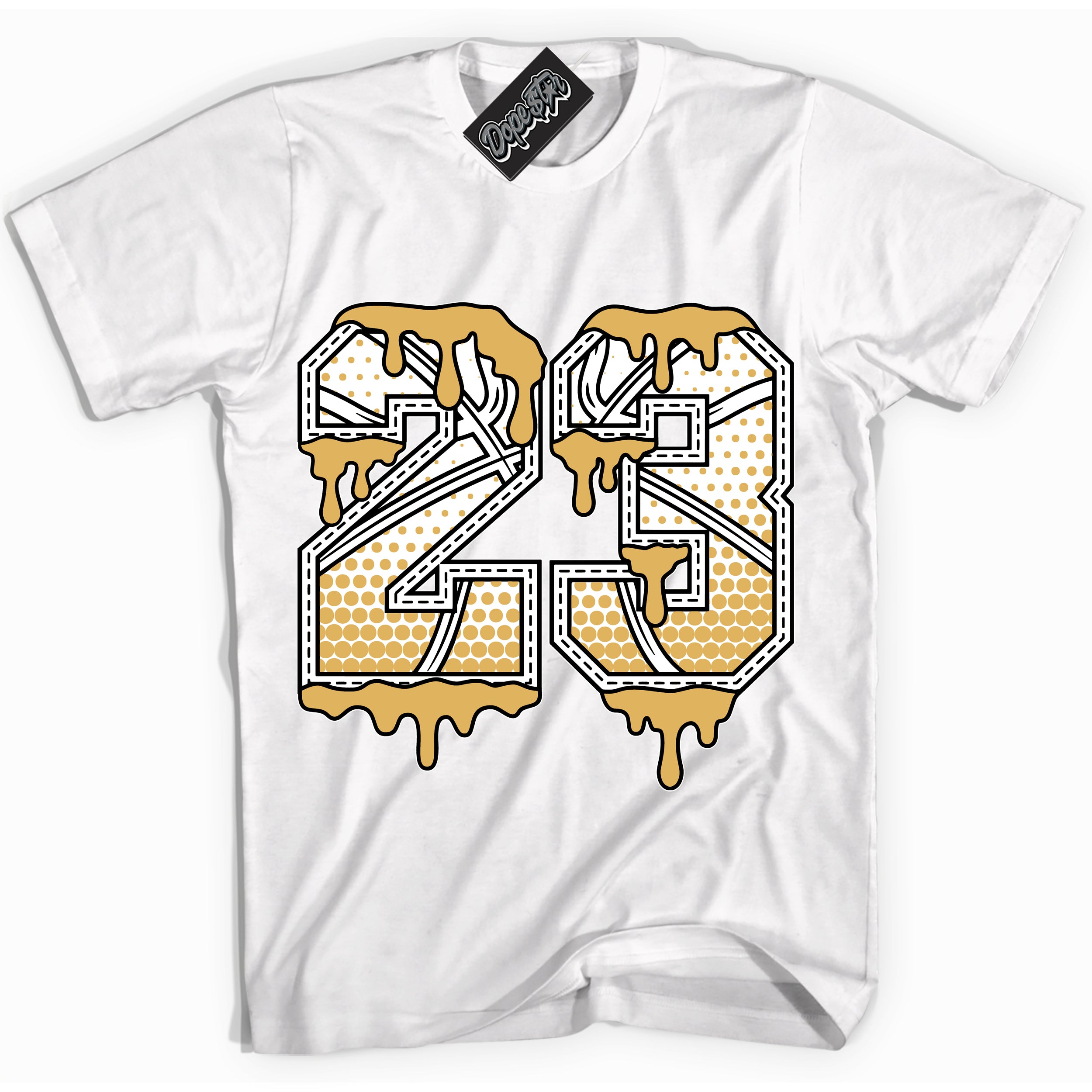 Cool White Shirt with “ 23 Ball ” design that perfectly matches Gold Swoosh 1s Sneakers.
