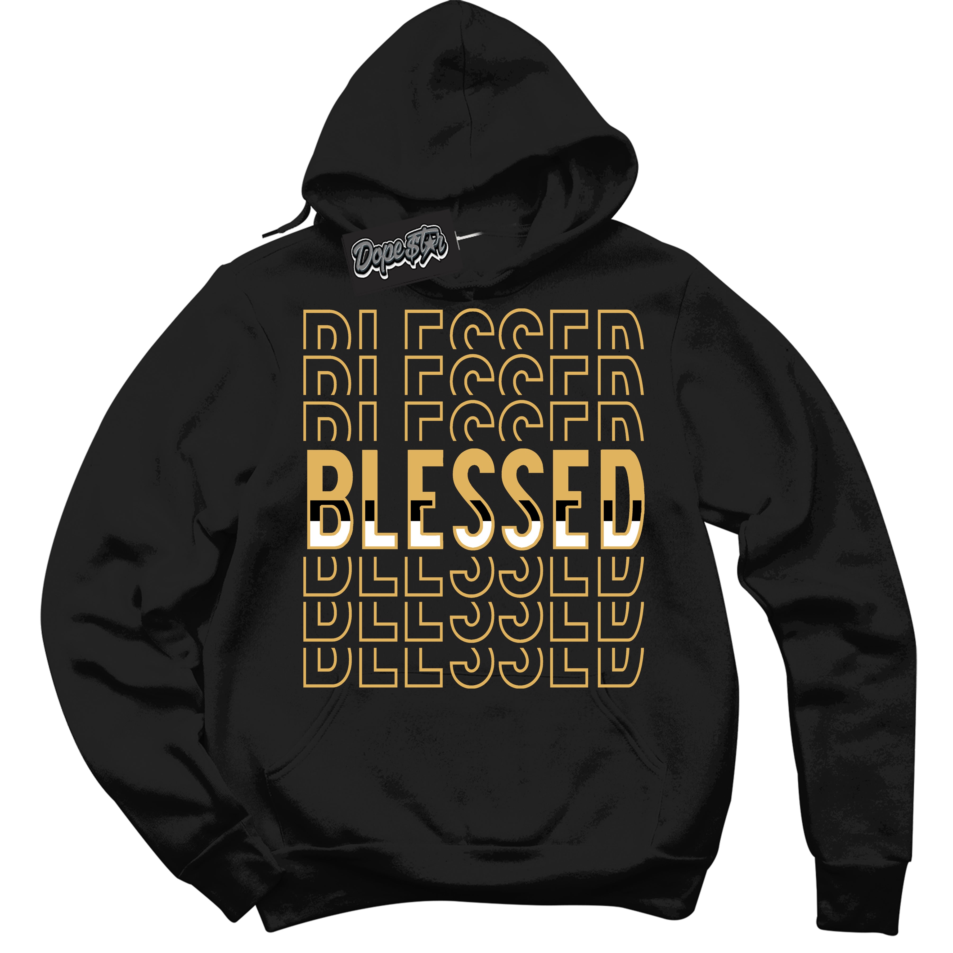 Cool Black Hoodie with “ Blessed Stacked ”  design that Perfectly Matches Gold Swoosh 1s Sneakers.
