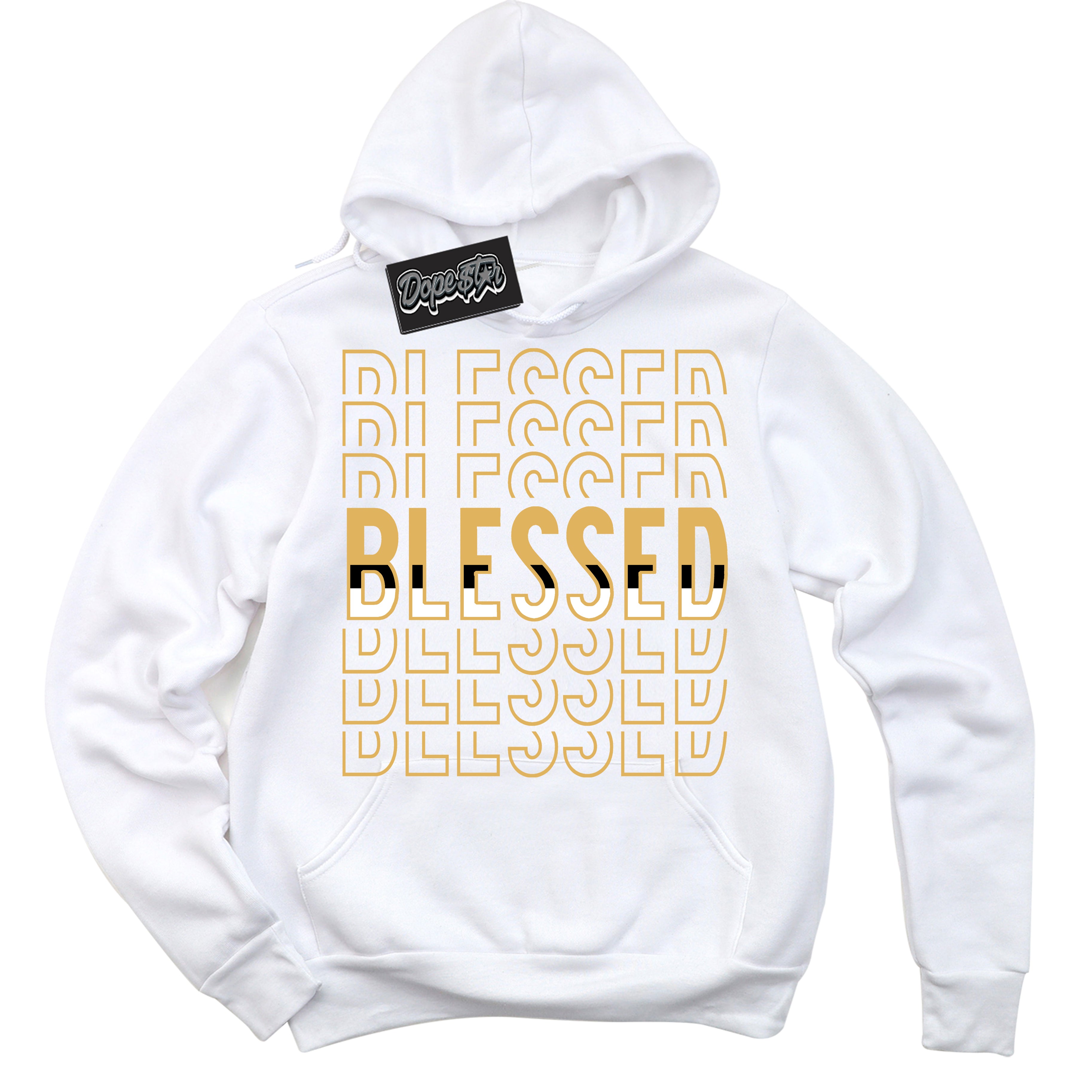 Cool White Hoodie with “ Blessed Stacked ”  design that Perfectly Matches Gold Swoosh 1s Sneakers.
