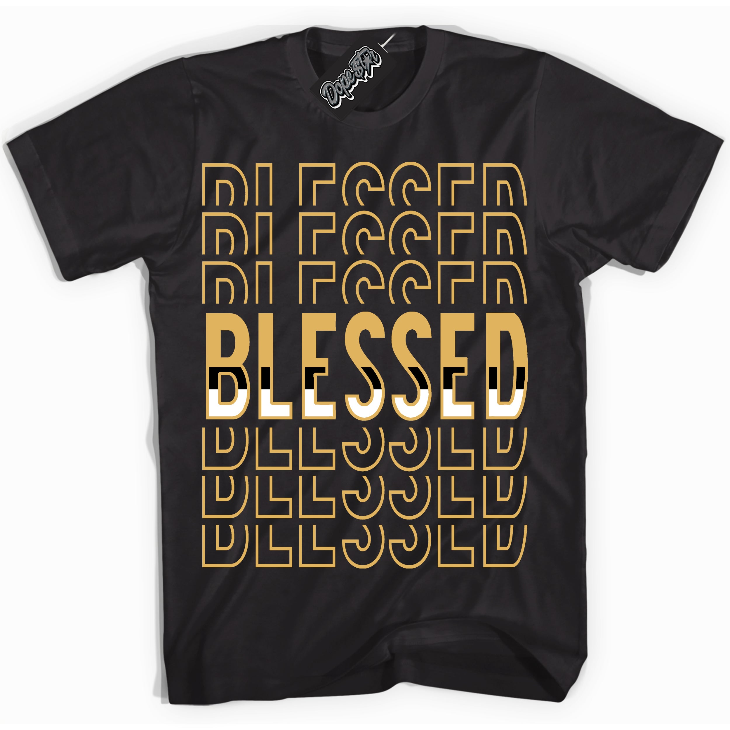 Cool Black Shirt with “ Blessed Stacked ” design that perfectly matches Gold Swoosh 1s Sneakers.
