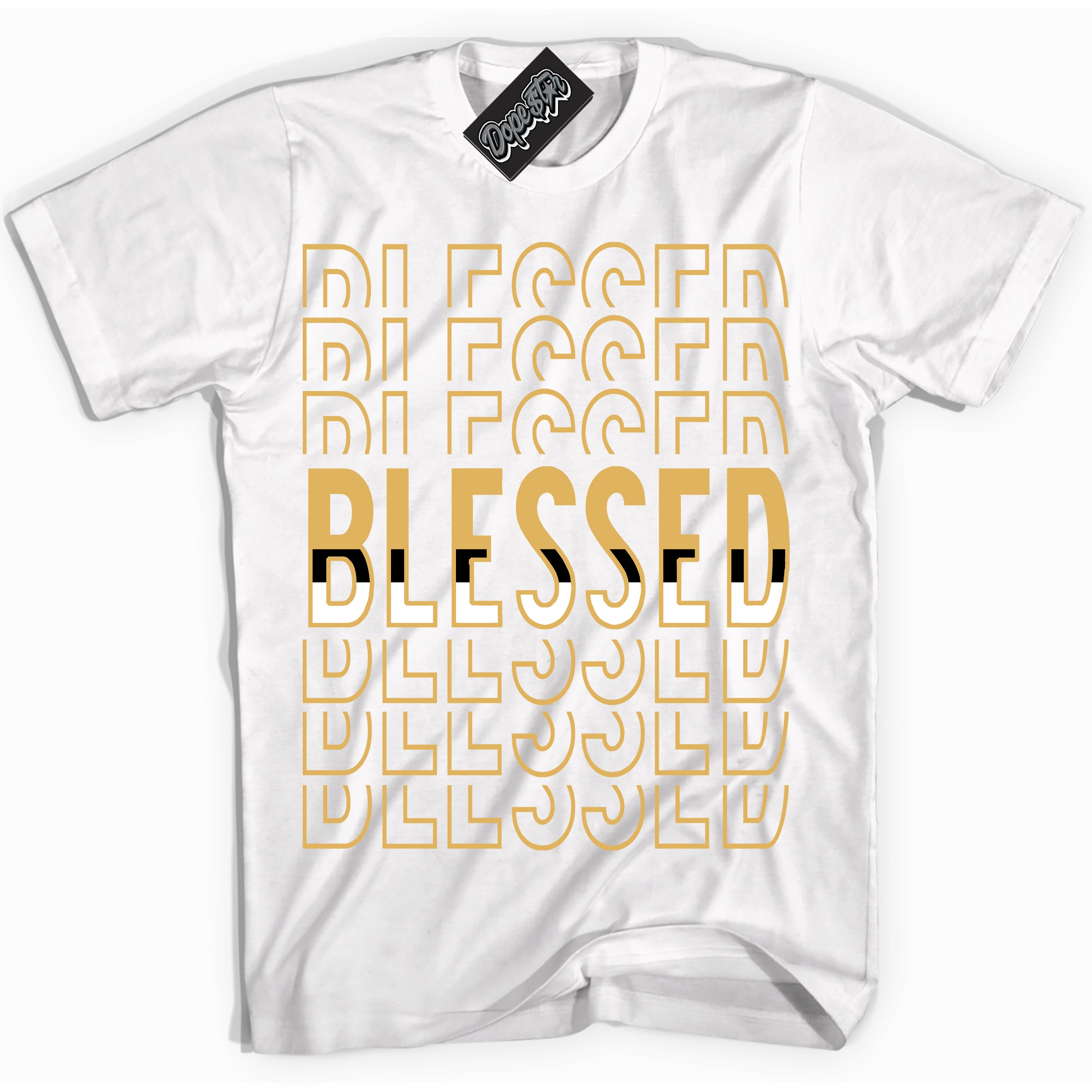 Cool White Shirt with “ Blessed Stacked ” design that perfectly matches Gold Swoosh 1s Sneakers.
