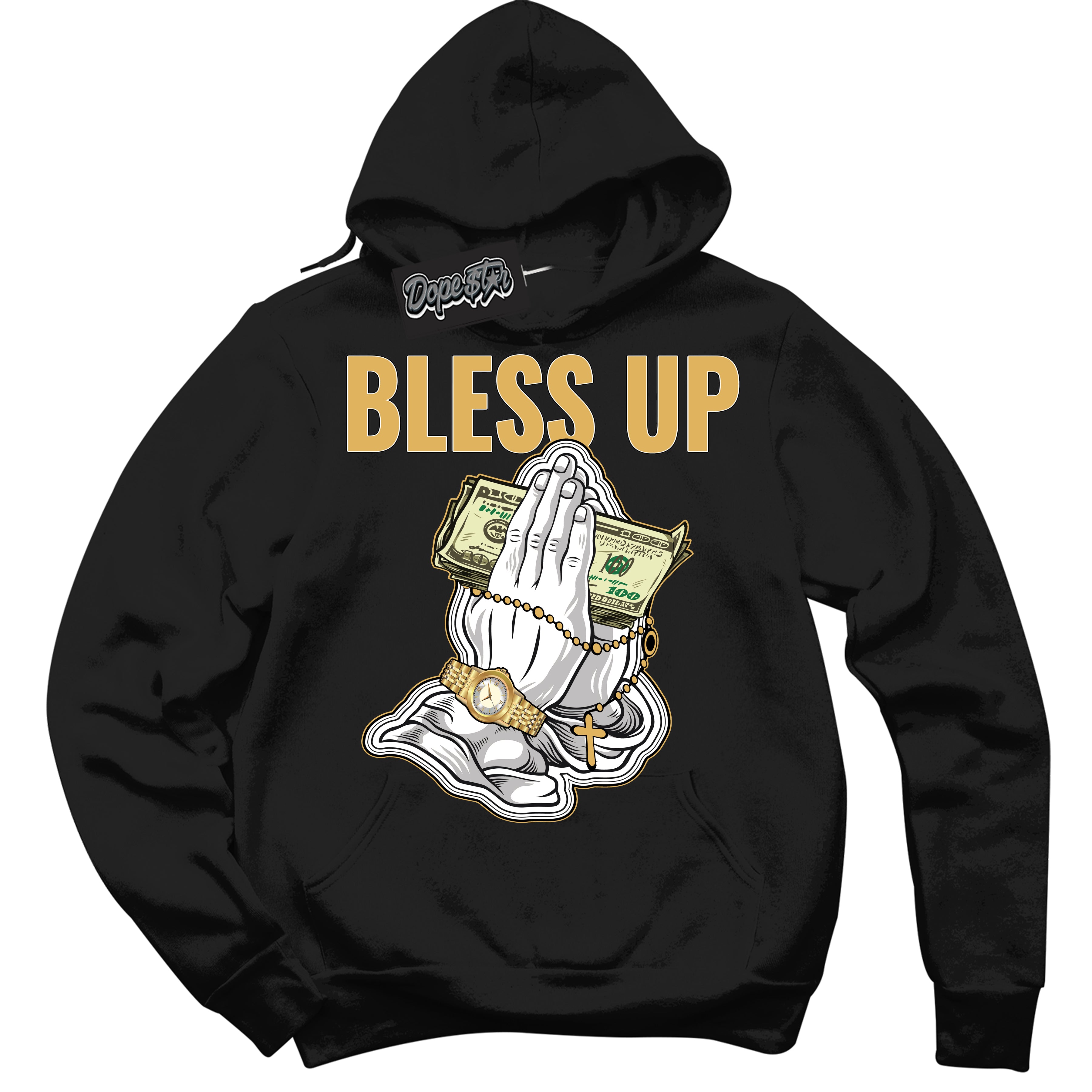 Cool Black Hoodie with “ Bless Up ”  design that Perfectly Matches Gold Swoosh 1s Sneakers.
