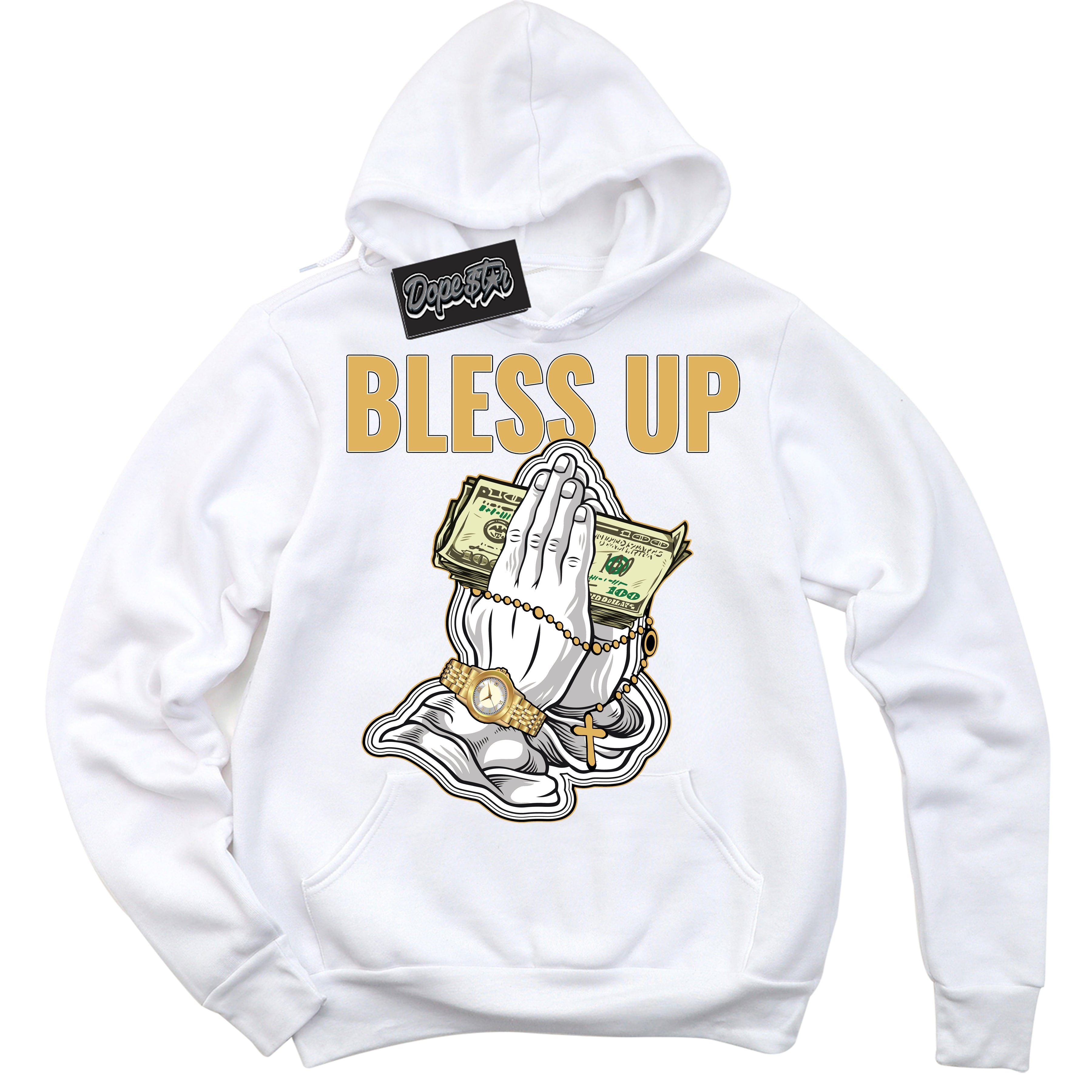 Cool White Hoodie with “ Bless Up ”  design that Perfectly Matches Gold Swoosh 1s Sneakers.
