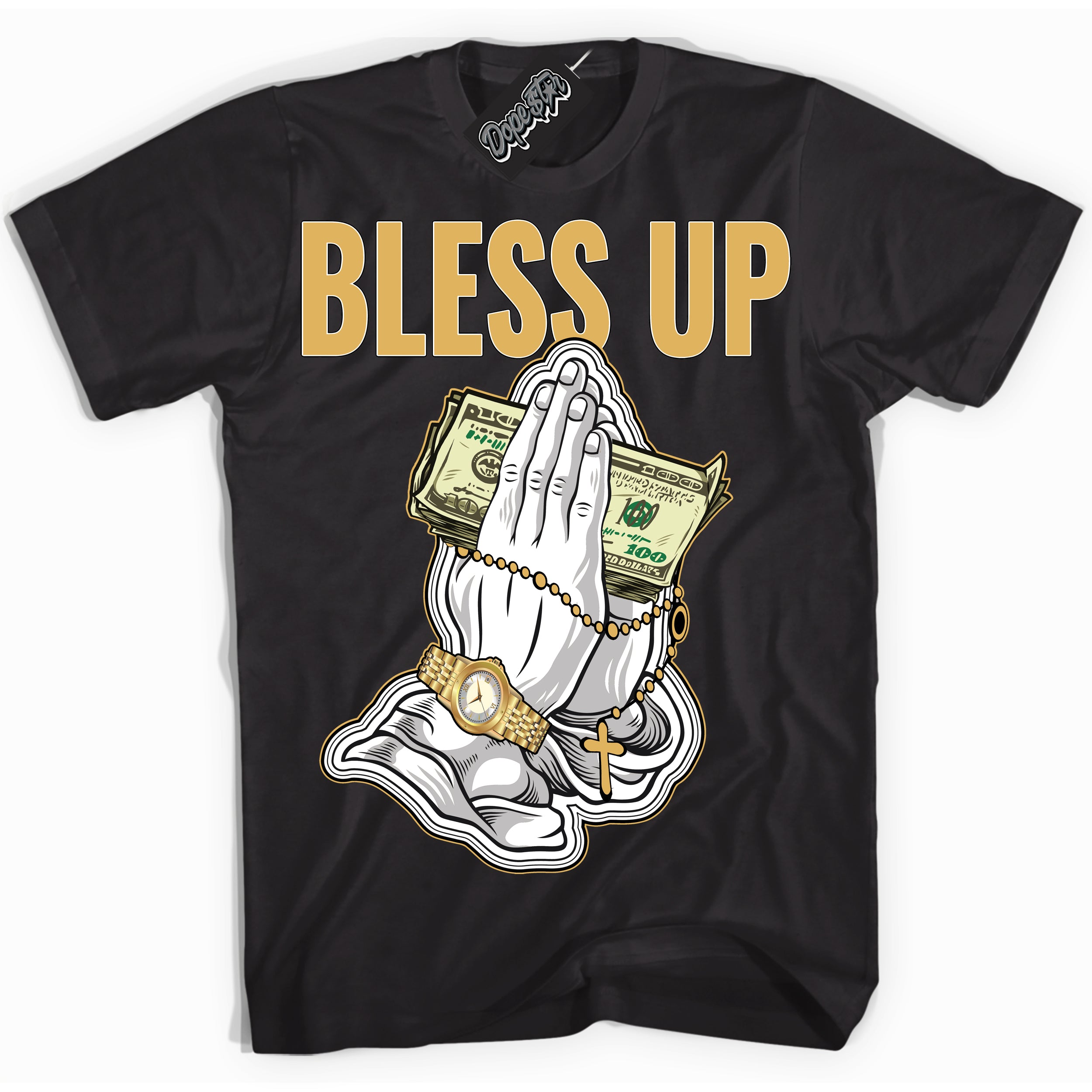 Cool Black Shirt with “ Bless Up ” design that perfectly matches Gold Swoosh 1s Sneakers.
