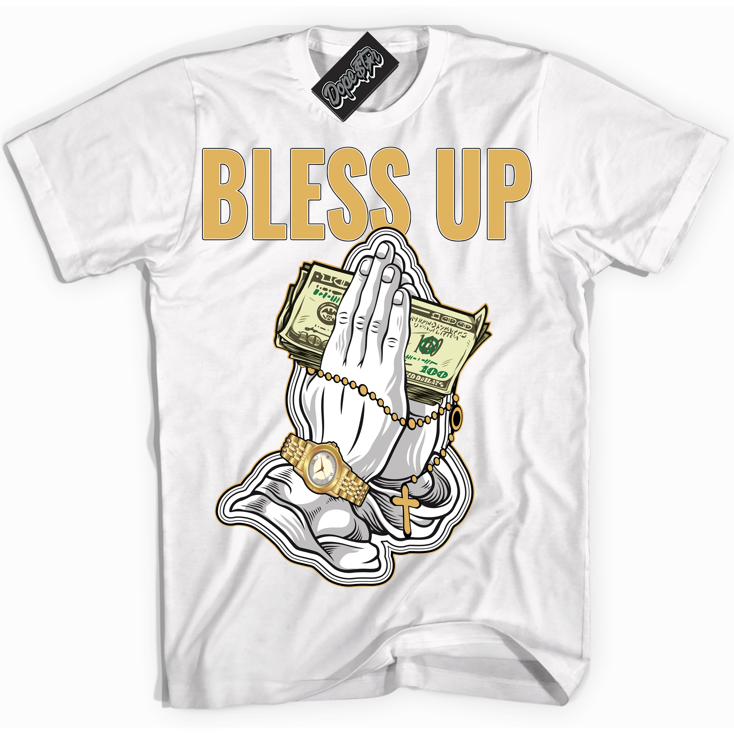 Cool White Shirt with “ Bless Up ” design that perfectly matches Gold Swoosh 1s Sneakers.
