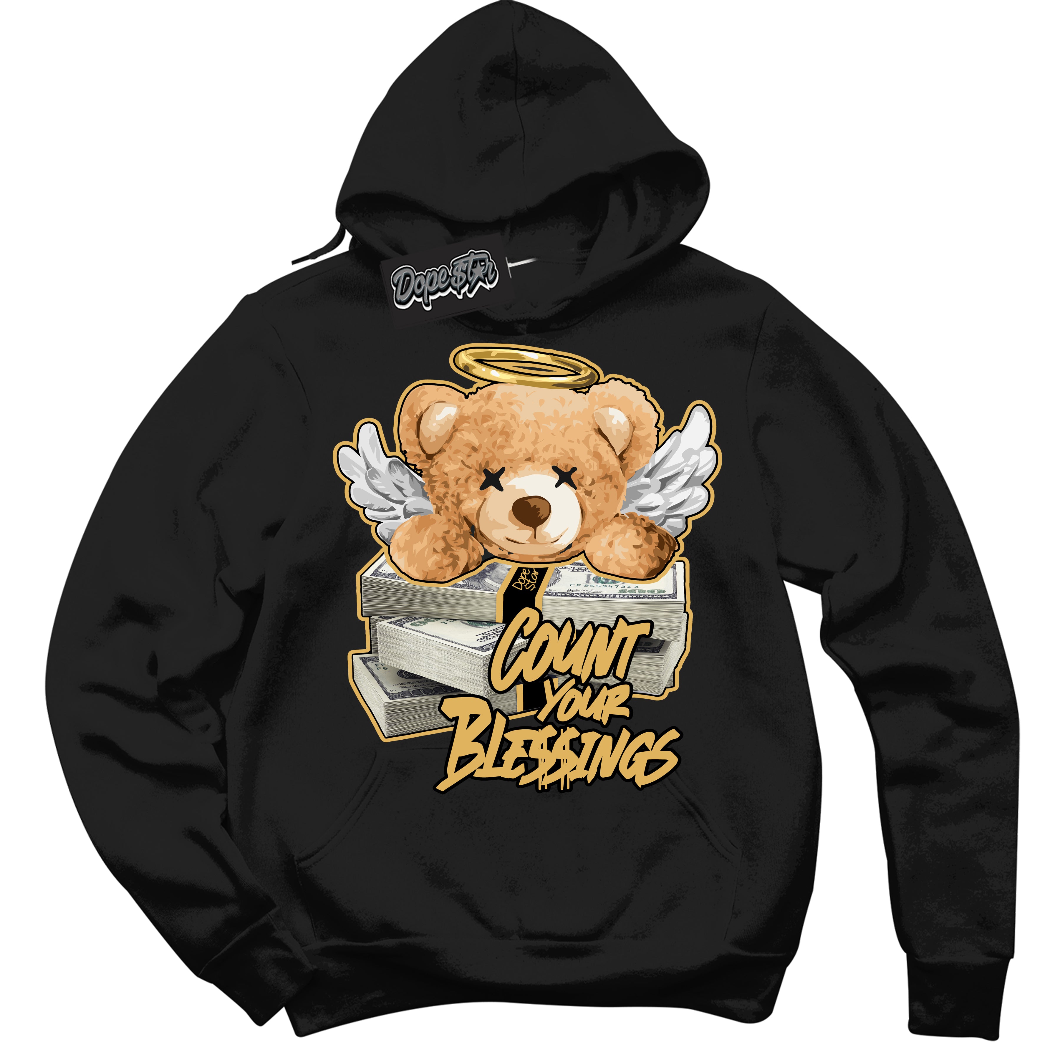 Cool Black Hoodie with “ Count Your Blessings ”  design that Perfectly Matches Gold Swoosh 1s Sneakers.
