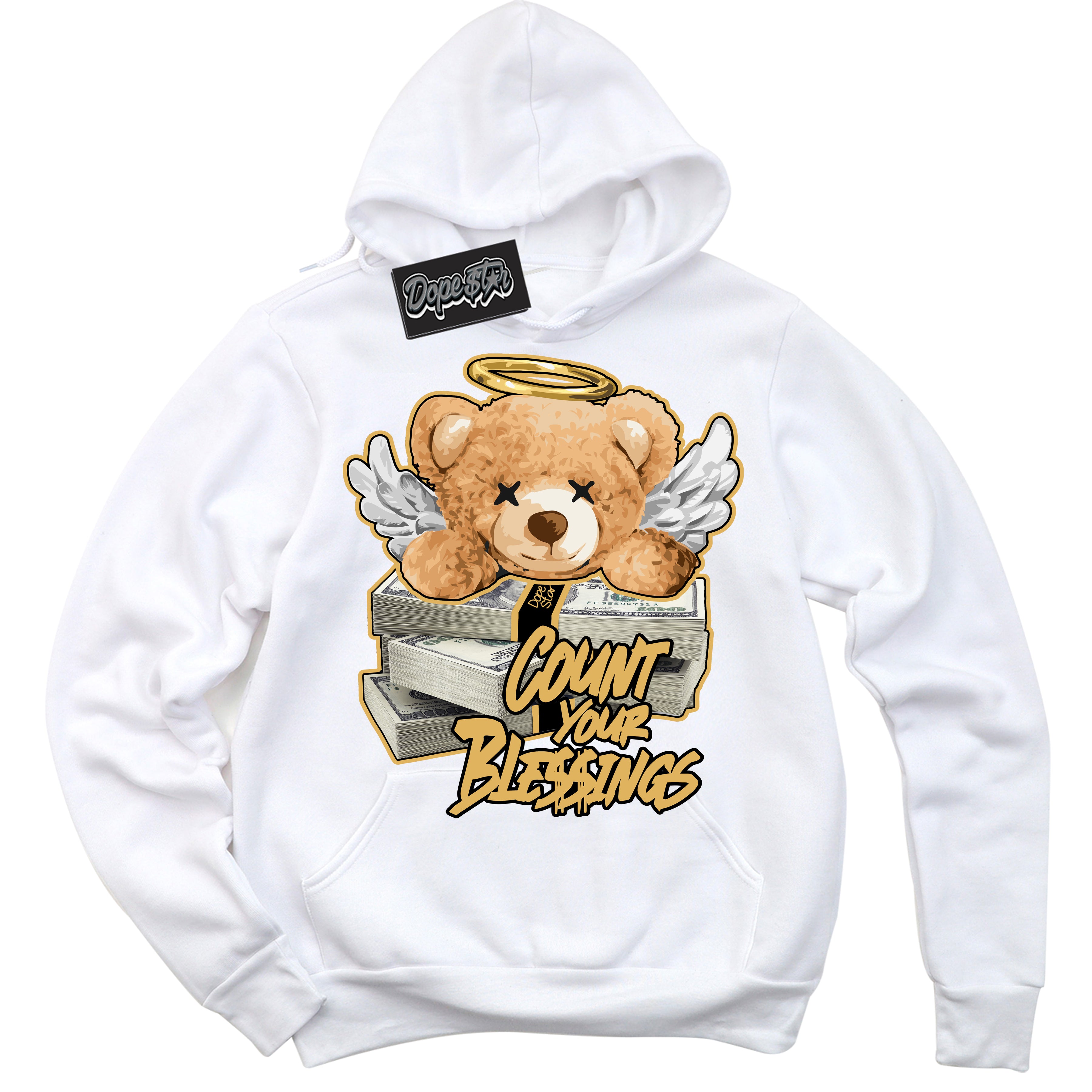 Cool White Hoodie with “ Count Your Blessings ”  design that Perfectly Matches Gold Swoosh 1s Sneakers.
