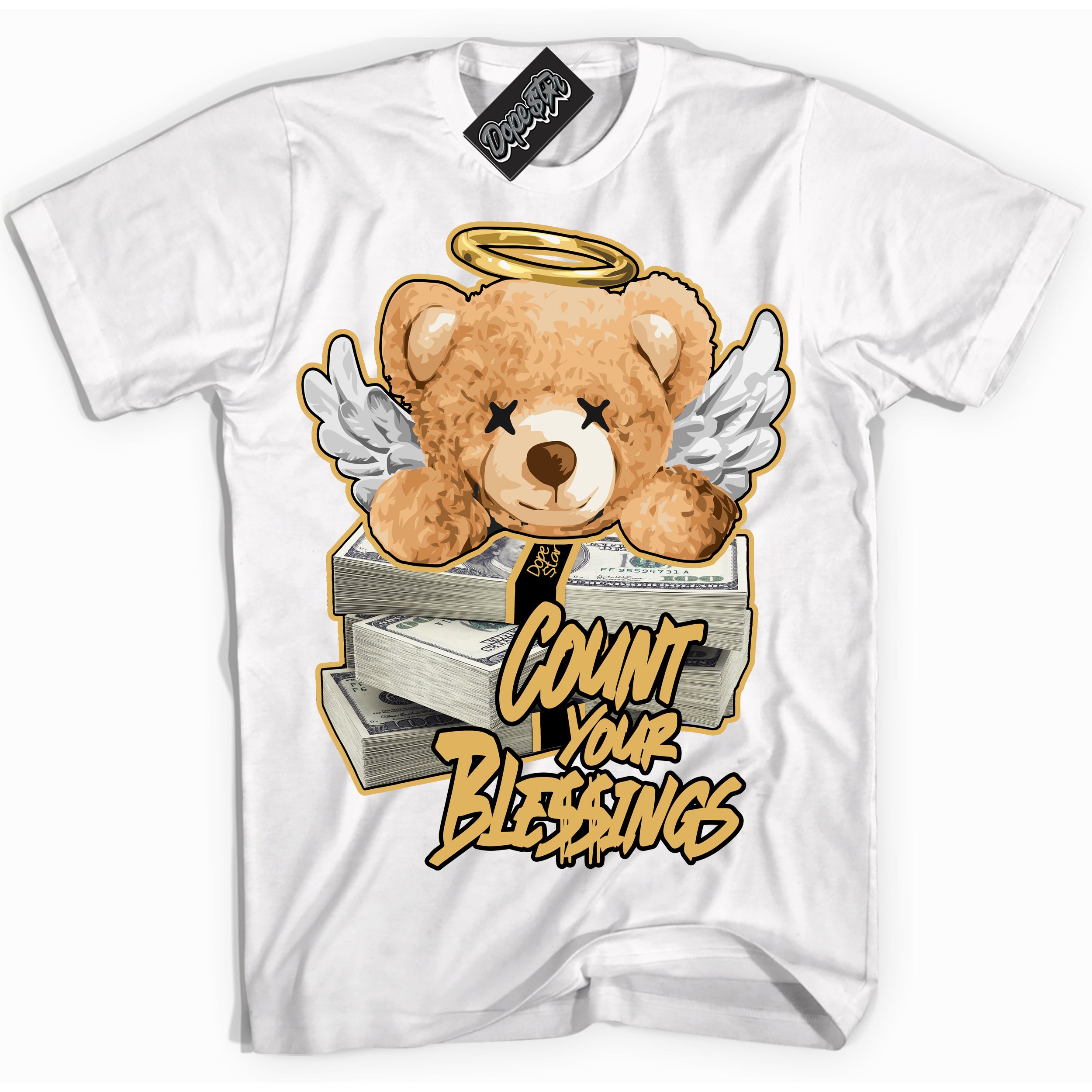 Cool White Shirt with “ Count Your Blessings ” design that perfectly matches Gold Swoosh 1s Sneakers.
