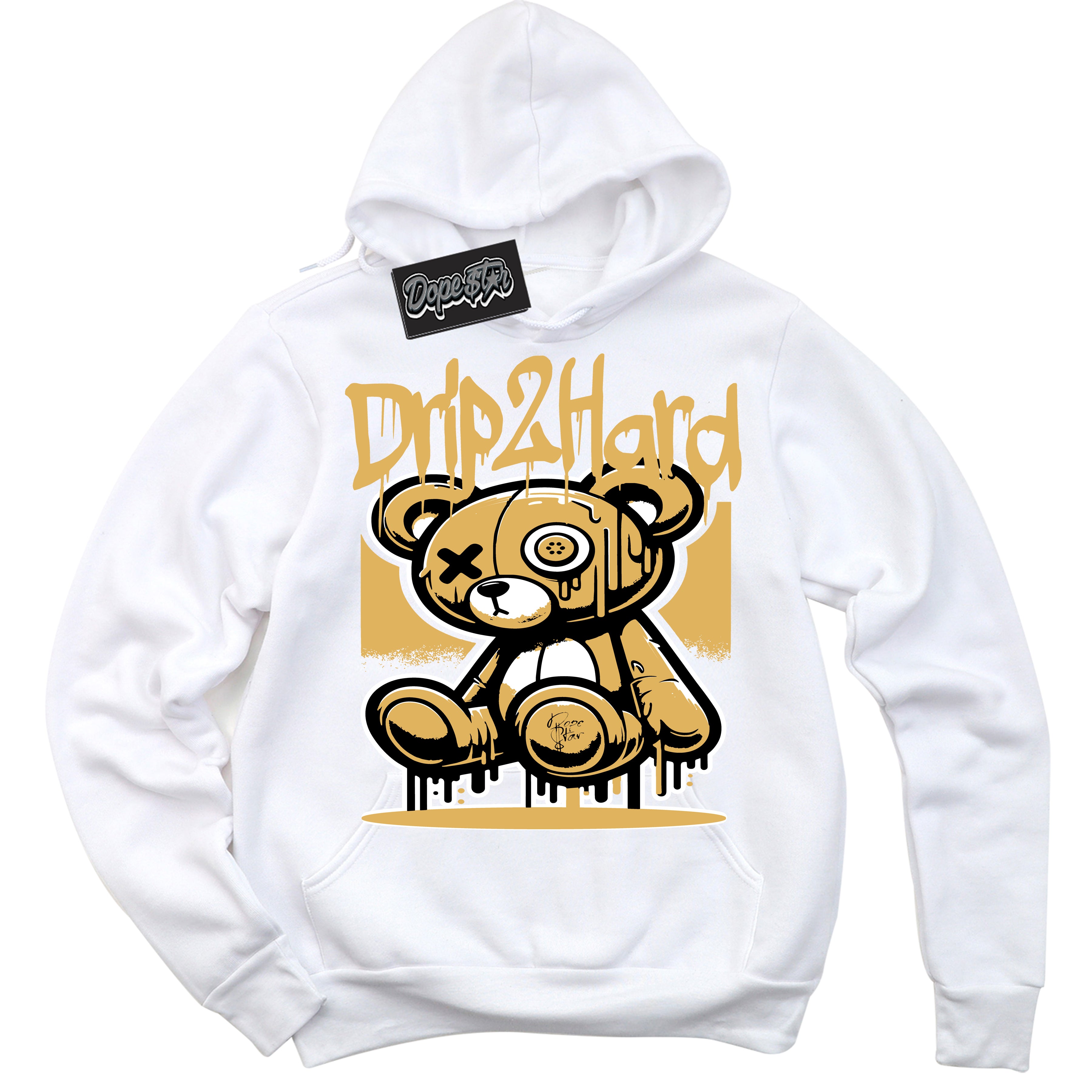 Cool White Hoodie with “ Drip 2 Hard ”  design that Perfectly Matches Gold Swoosh 1s Sneakers.
