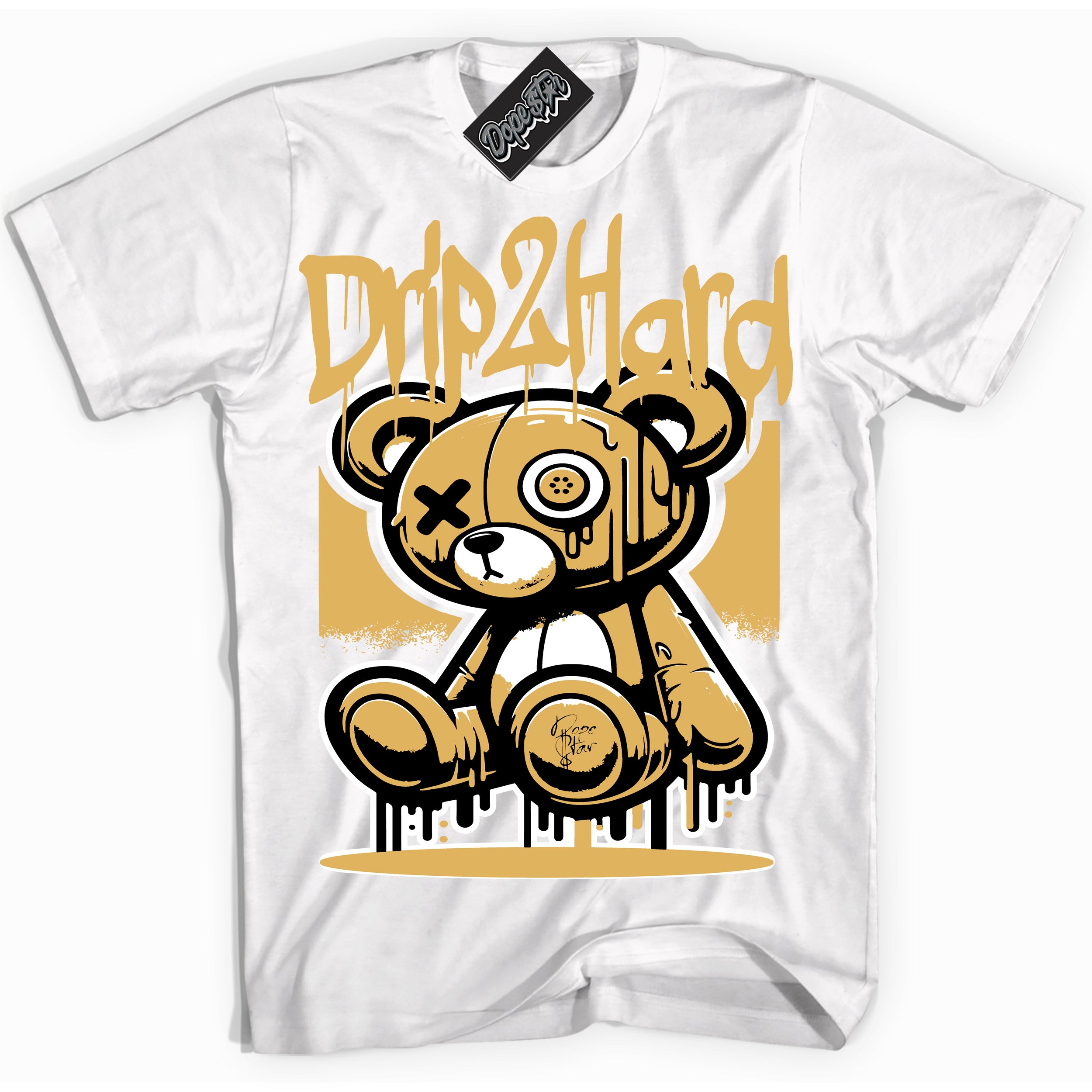 Cool White Shirt with “ Drip 2 Hard ” design that perfectly matches Gold Swoosh 1s Sneakers.
