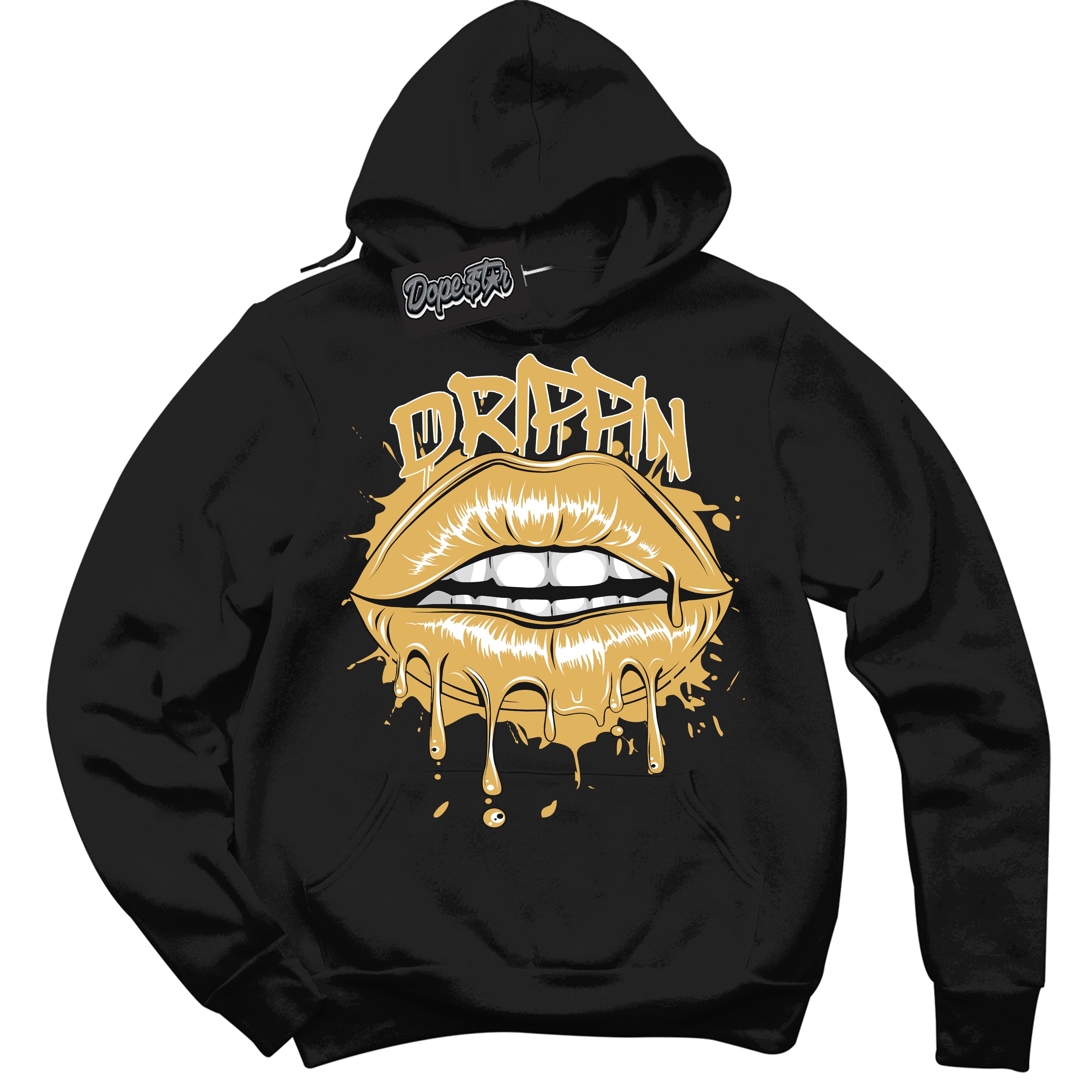 Cool Black Hoodie with “ Drippin ”  design that Perfectly Matches Gold Swoosh 1s Sneakers.
