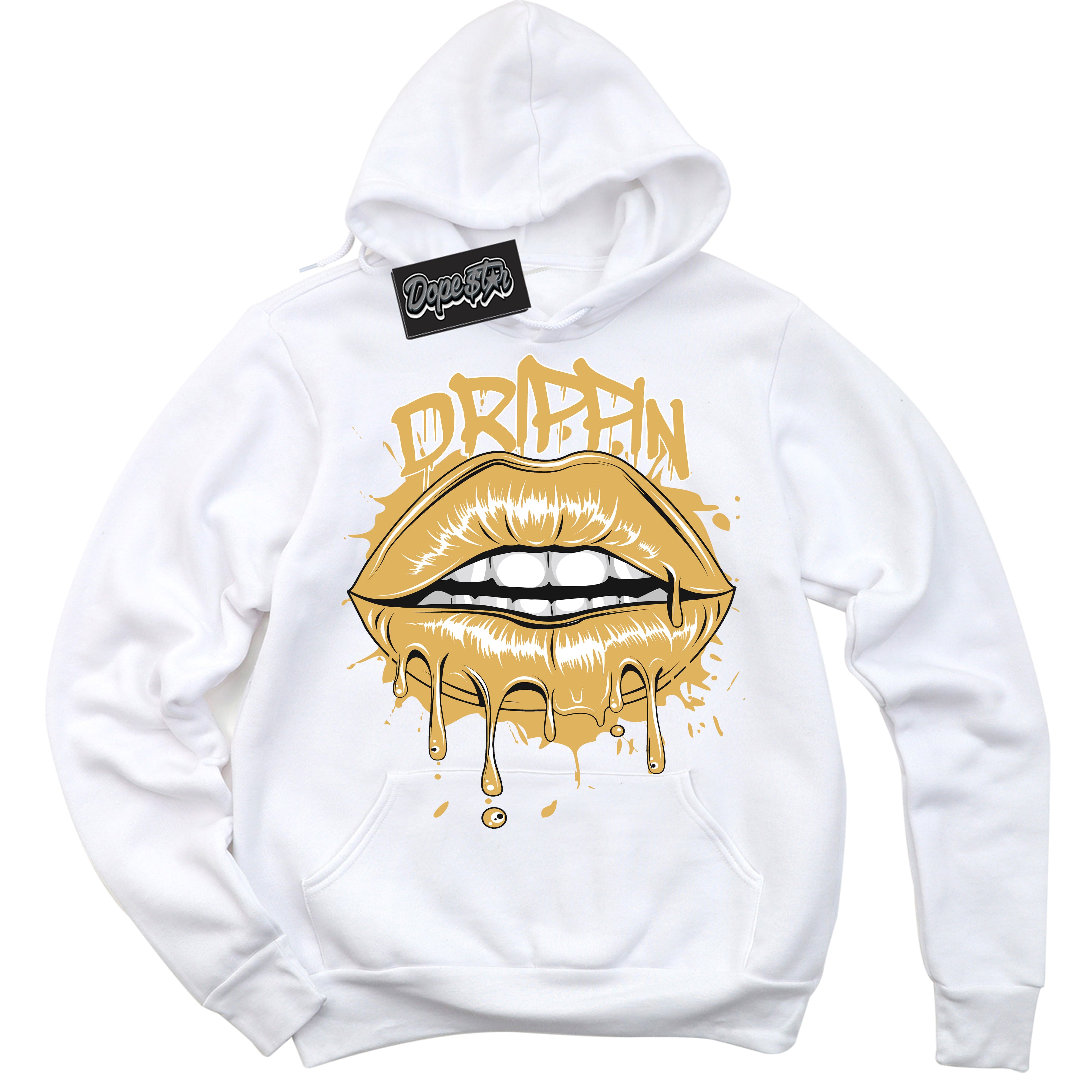 Cool White Hoodie with “ Drippin ”  design that Perfectly Matches Gold Swoosh 1s Sneakers.
