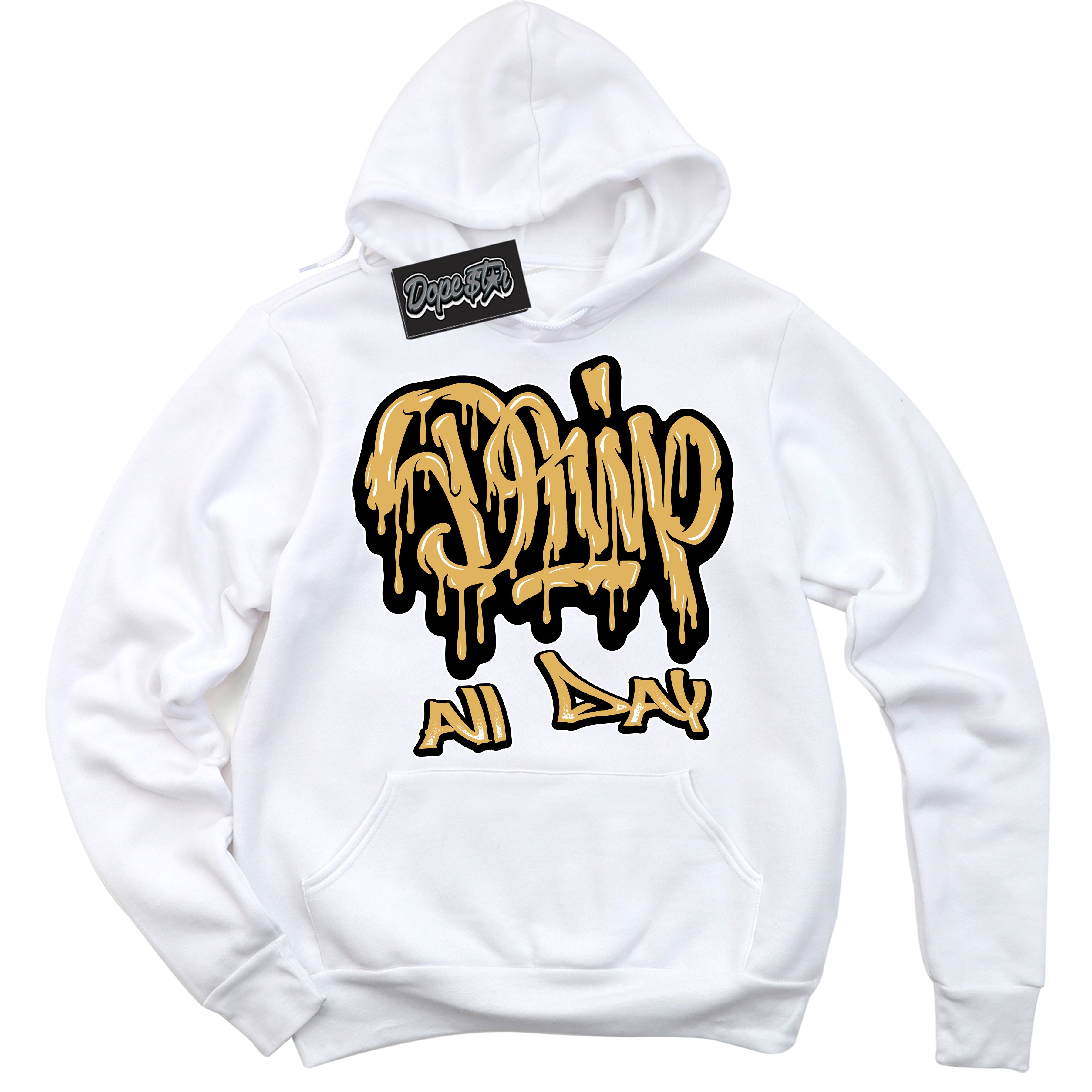 Cool White Hoodie with “ Drip All Day ”  design that Perfectly Matches Gold Swoosh 1s Sneakers.
