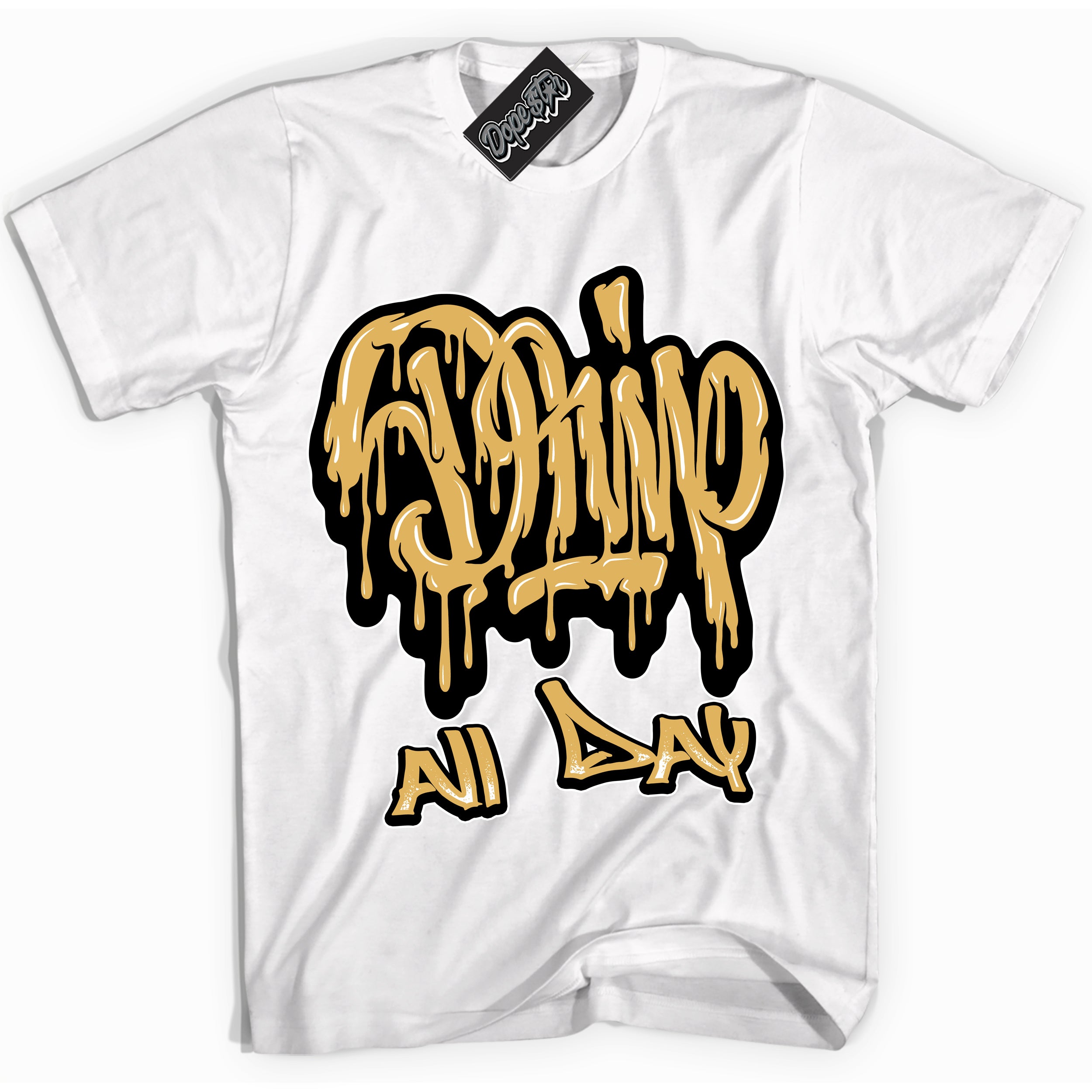 Cool White Shirt with “ Drip All Day ” design that perfectly matches Gold Swoosh 1s Sneakers.