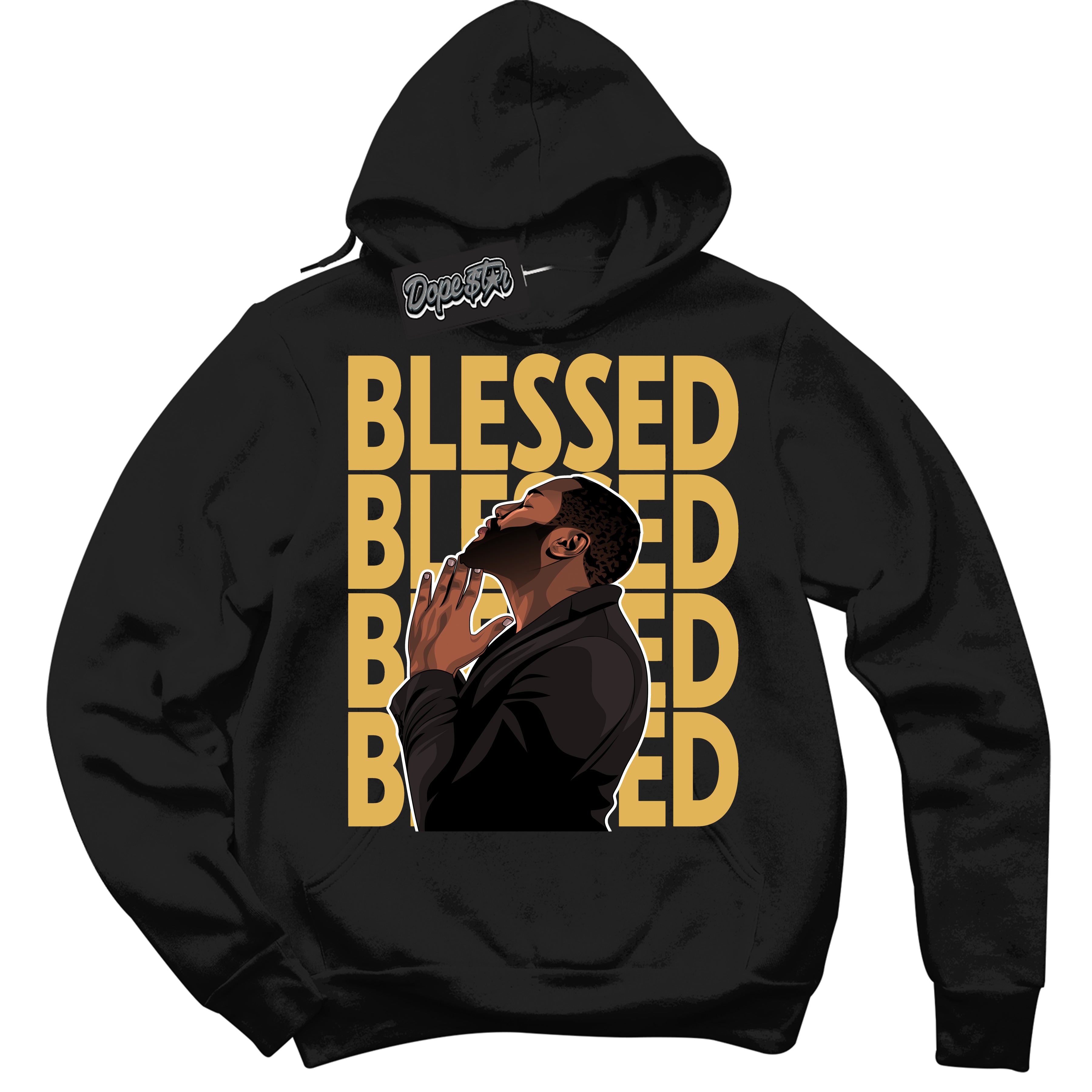 Cool Black Hoodie with “ God Blessed ”  design that Perfectly Matches Gold Swoosh 1s Sneakers.
