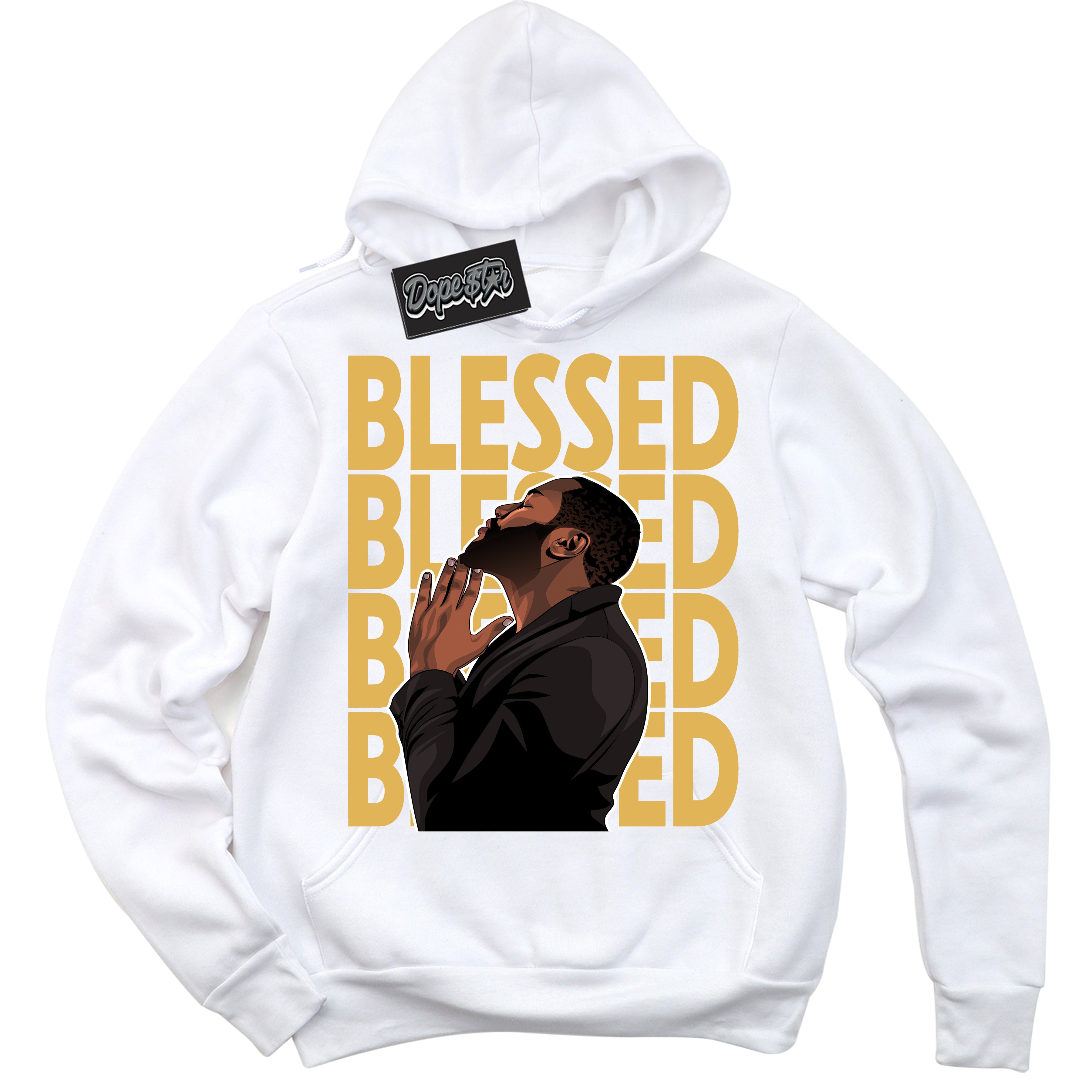 Cool White Hoodie with “ God Blessed ”  design that Perfectly Matches Gold Swoosh 1s Sneakers.
