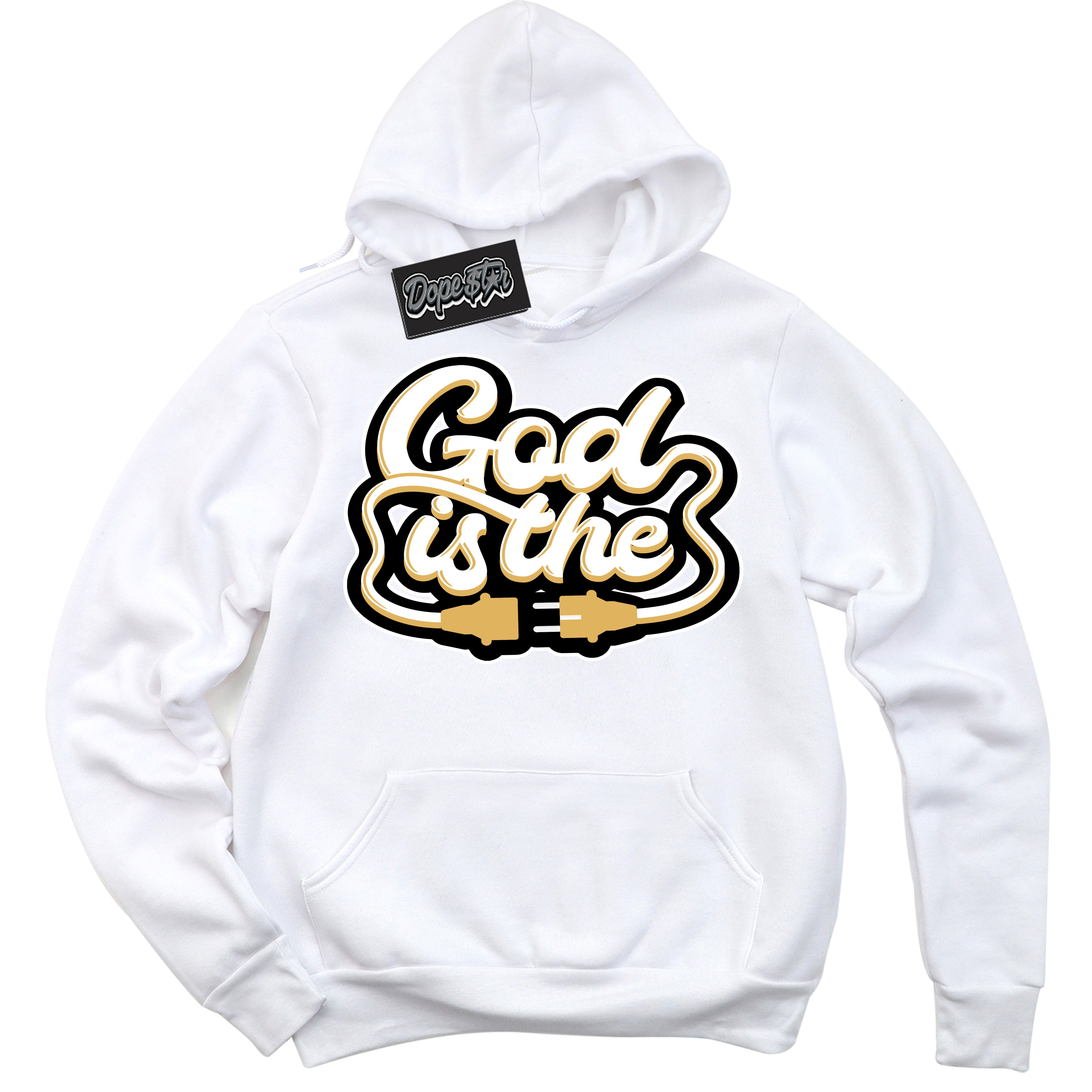 Cool White Hoodie with “ God Is The ”  design that Perfectly Matches Gold Swoosh 1s Sneakers.
