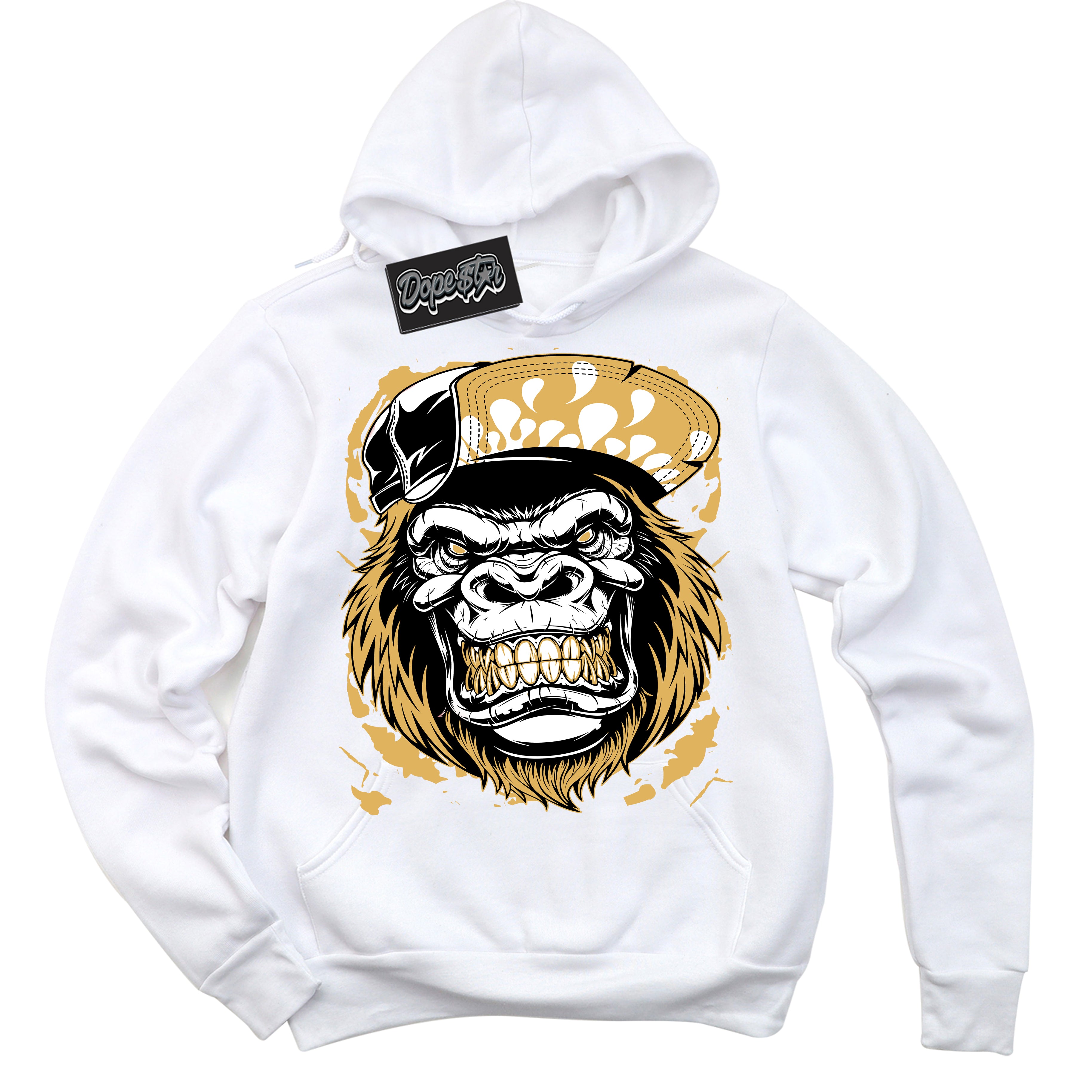 Cool White Hoodie with “ Gorilla Beast ”  design that Perfectly Matches Gold Swoosh 1s Sneakers.
