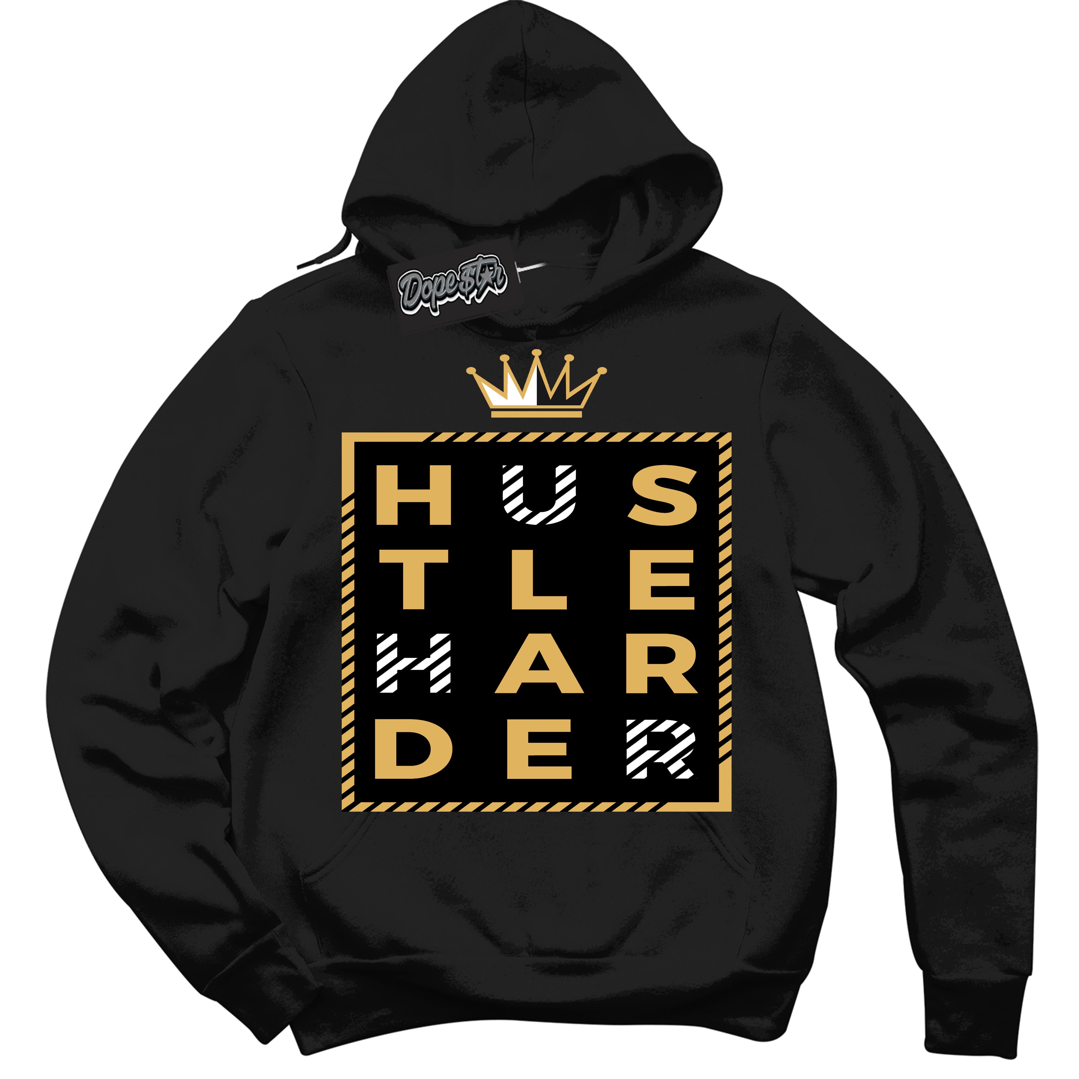 Cool Black Hoodie with “ Hustle Harder ”  design that Perfectly Matches Gold Swoosh 1s Sneakers.
