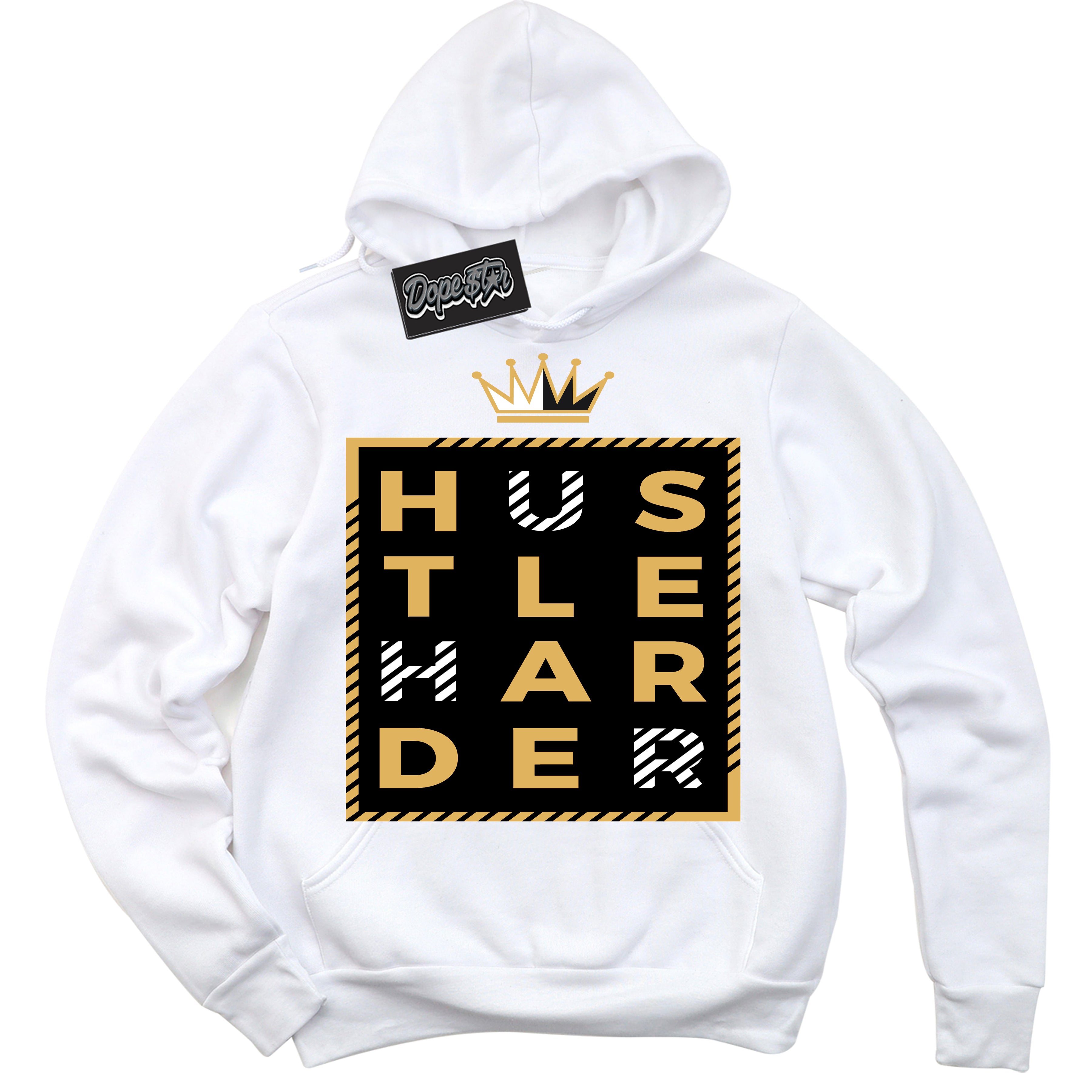 Cool White Hoodie with “ Hustle Harder ”  design that Perfectly Matches Gold Swoosh 1s Sneakers.
