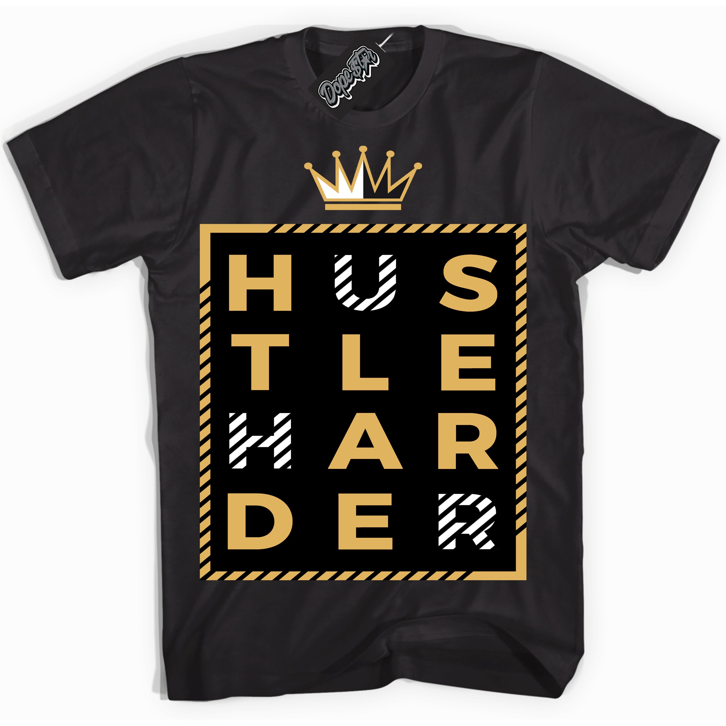 Cool Black Shirt with “ Hustle Harder ” design that perfectly matches Gold Swoosh 1s Sneakers.
