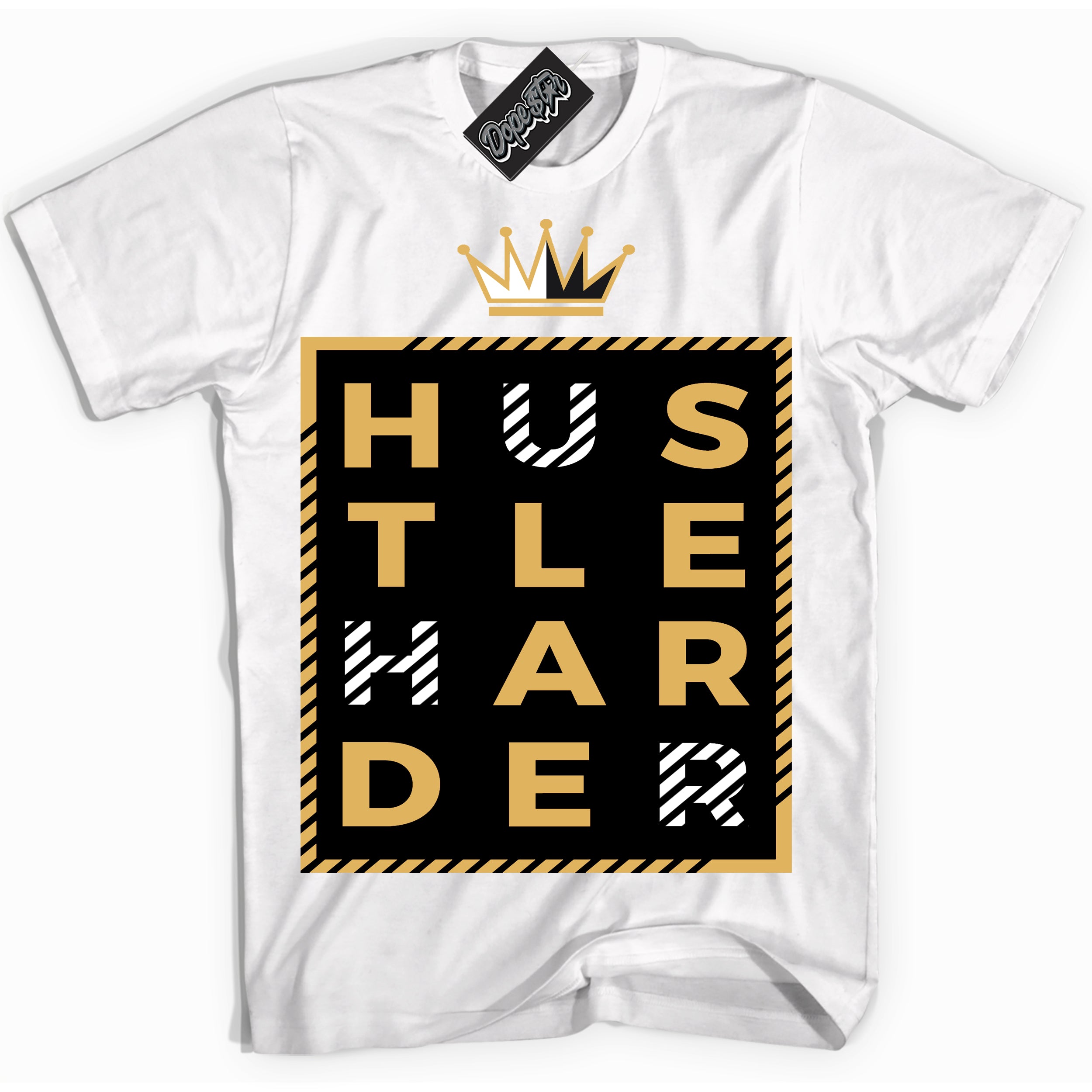 Cool White Shirt with “ Hustle Harder ” design that perfectly matches Gold Swoosh 1s Sneakers.
