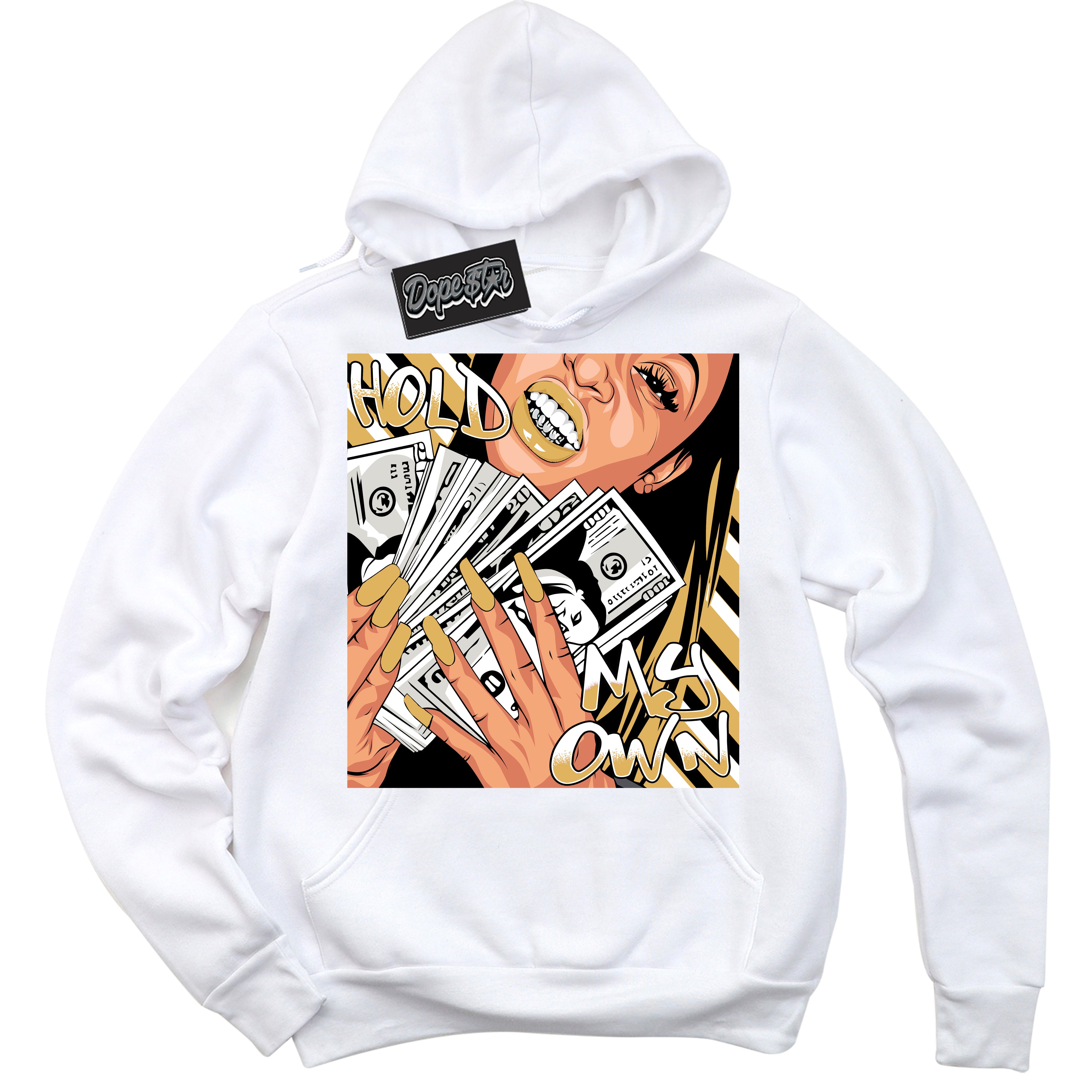 Cool White Hoodie with “ Hold My Own ”  design that Perfectly Matches Gold Swoosh 1s Sneakers.
