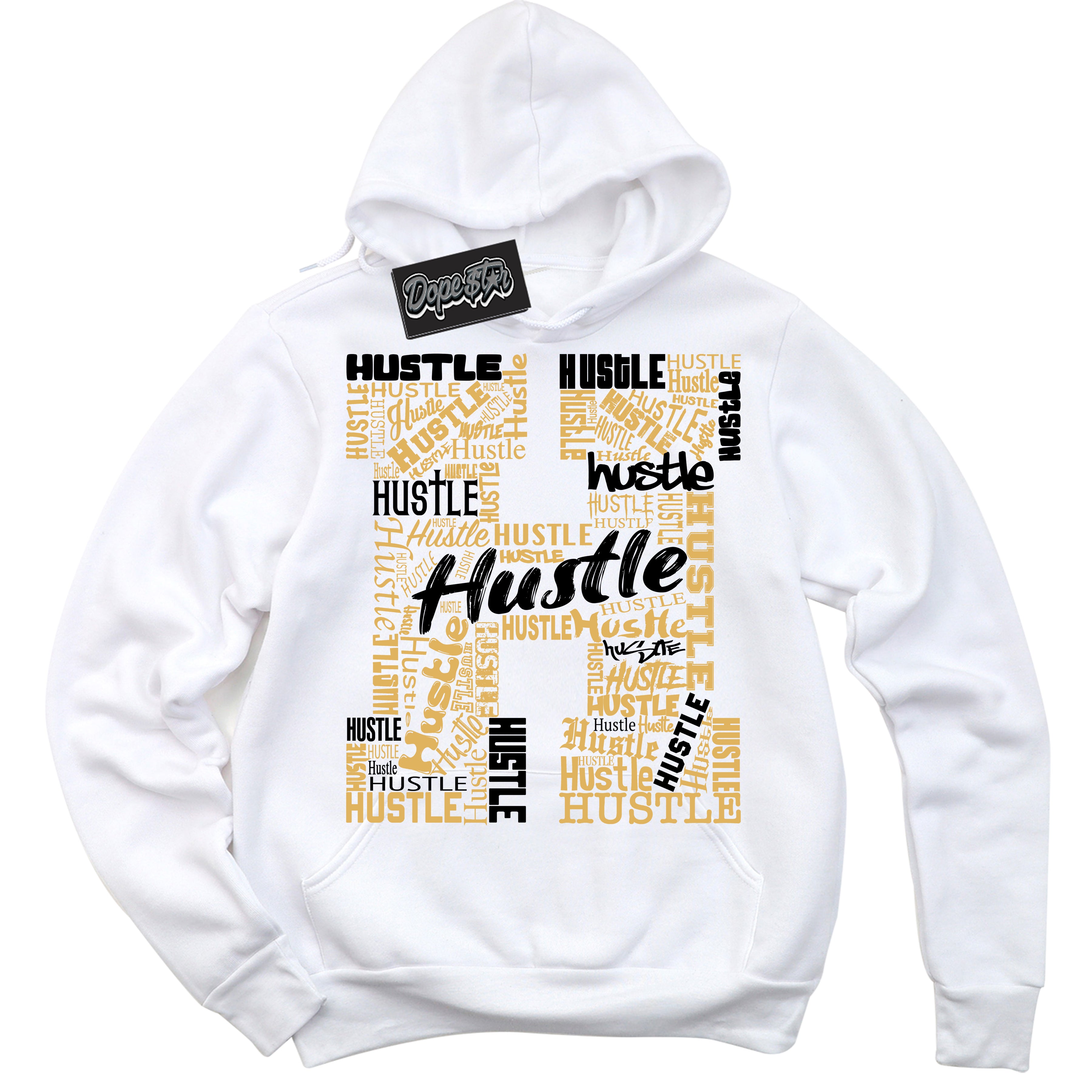 Cool White Hoodie with “ Hustle H ”  design that Perfectly Matches Gold Swoosh 1s Sneakers.
