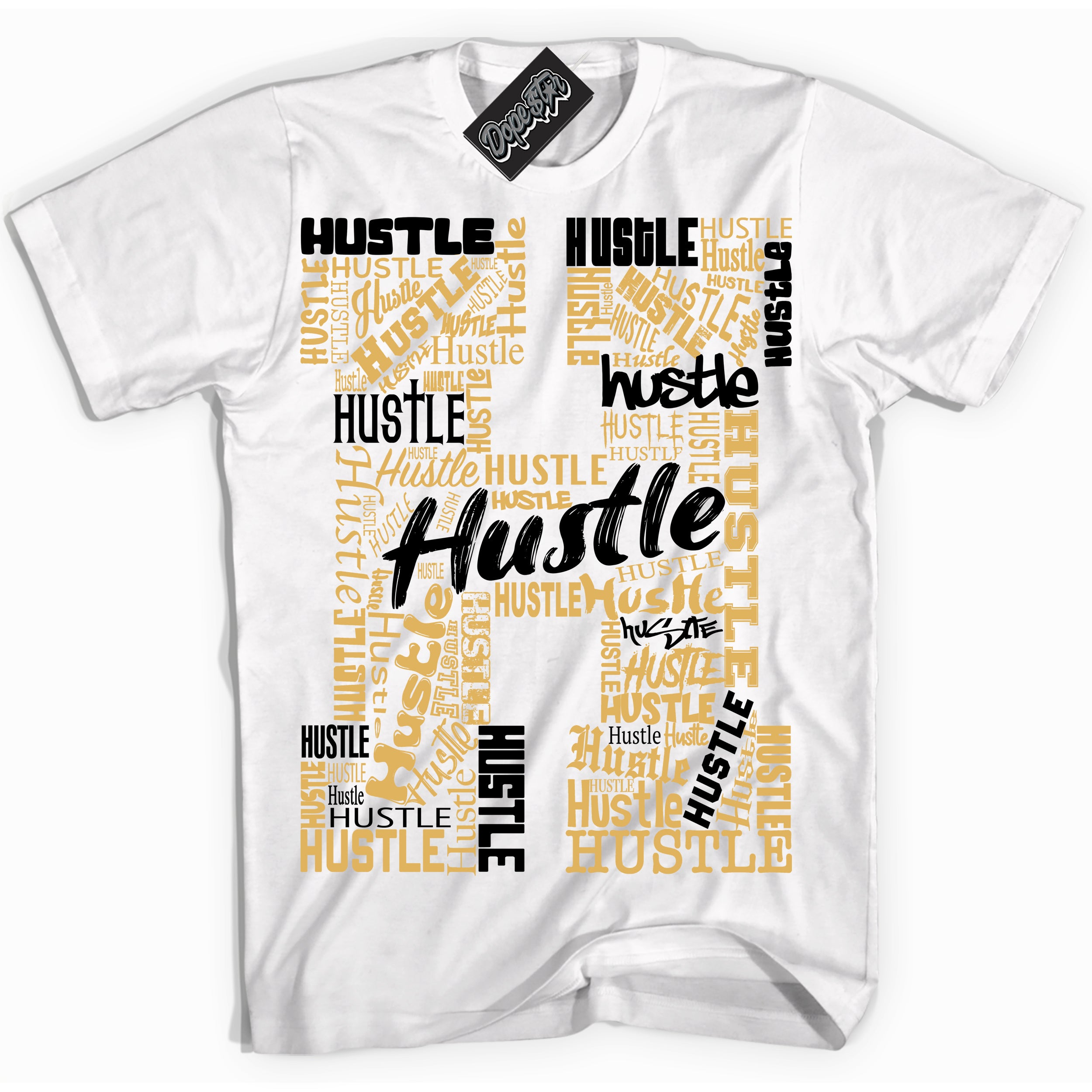 Cool White Shirt with “ Hustle H ” design that perfectly matches Gold Swoosh 1s Sneakers.
