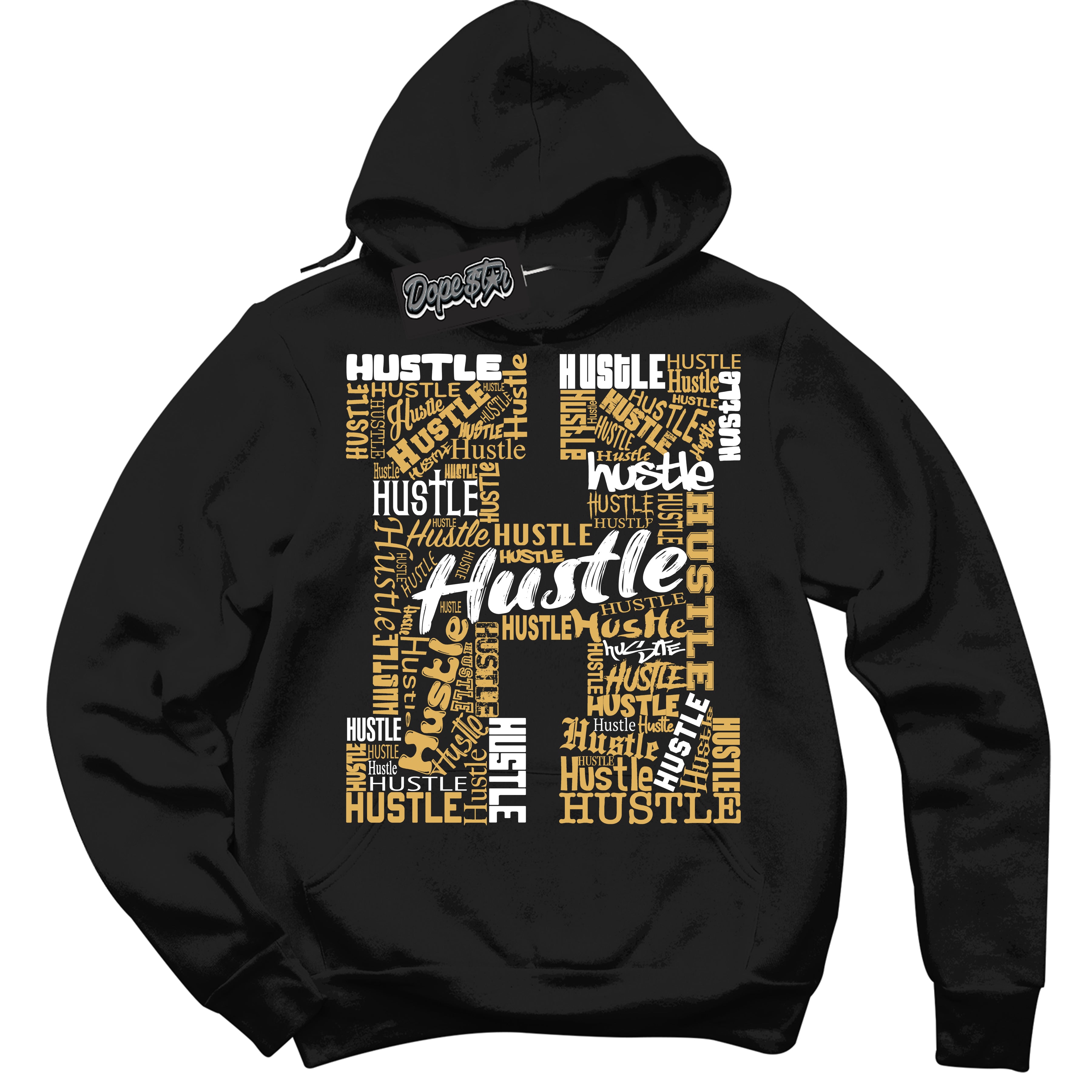 Cool Black Hoodie with “ Hustle H ”  design that Perfectly Matches Gold Swoosh 1s Sneakers.
