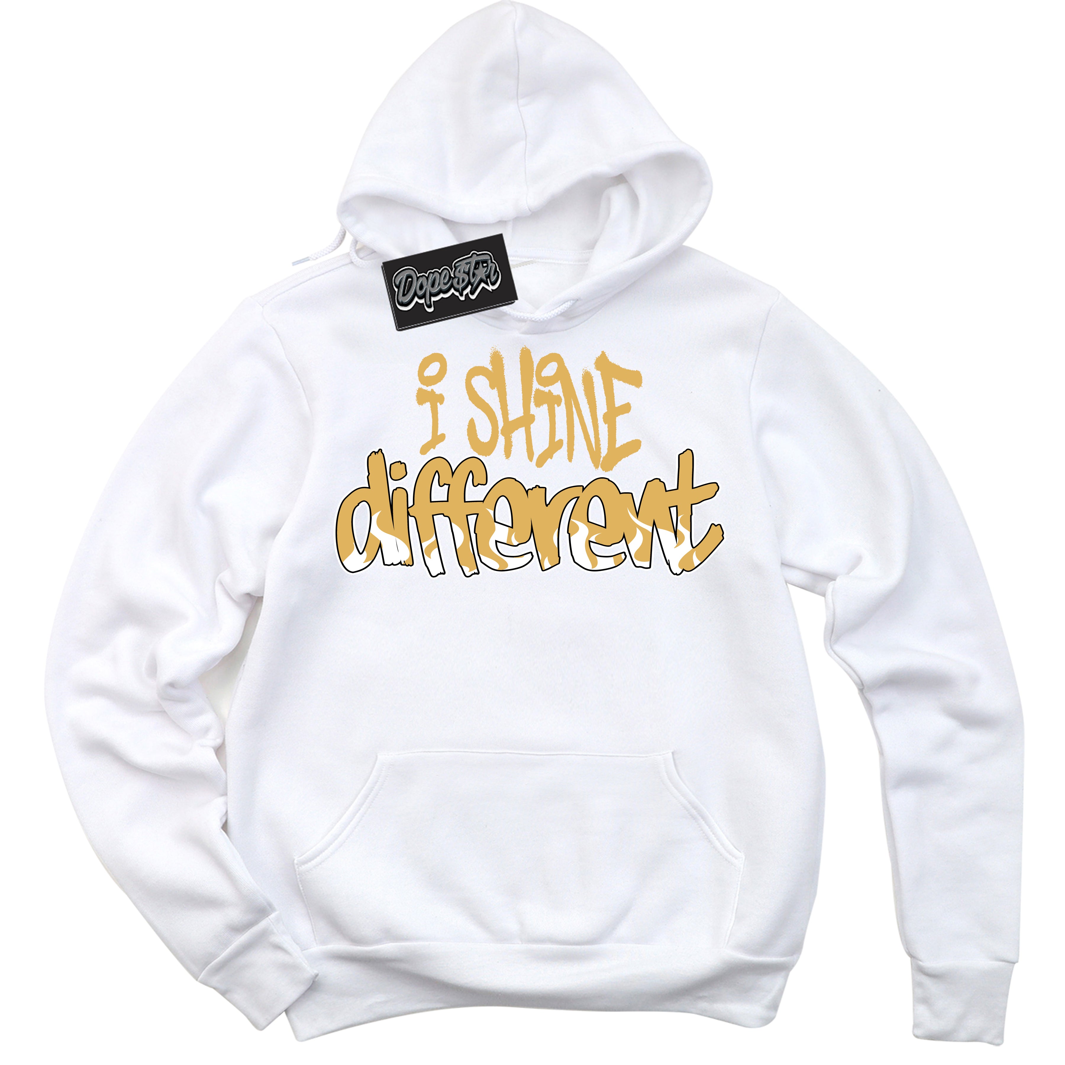 Cool White Hoodie with “ I Shine Different ”  design that Perfectly Matches Gold Swoosh 1s Sneakers.
